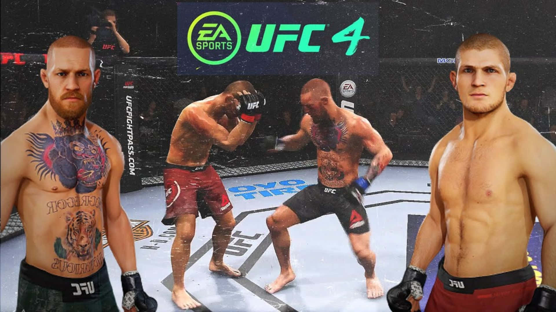 UFC 桌布 壁紙 — 三位肌肉發達、身上有紋身的UFC拳手，站在EA Sports UFC 4電子遊戲的中央八角籠場景兩側。