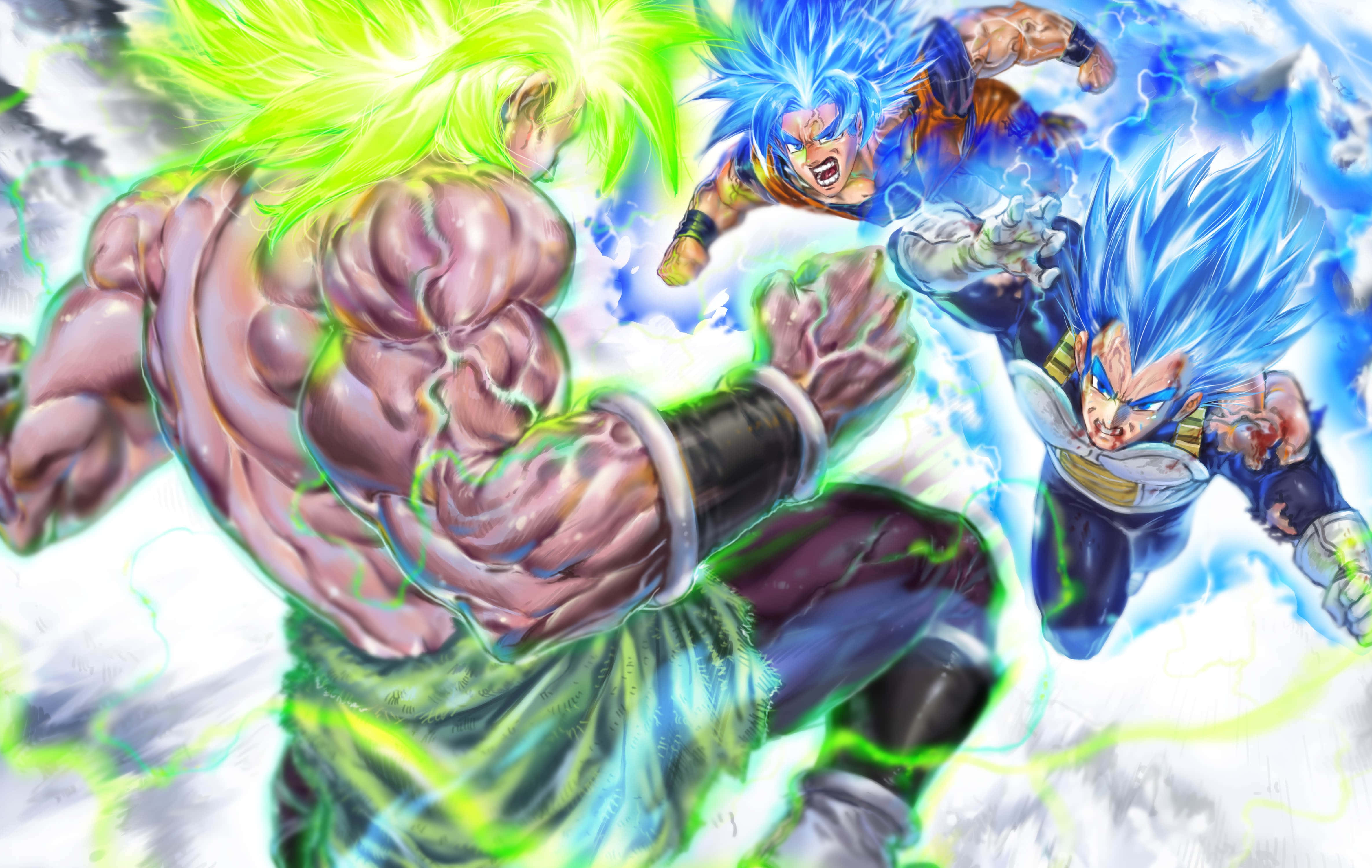 Vegeta And Broly 桌布 壁紙 — 三位肌肉發達、頭髮發光的動漫戰士在充滿電能和旋轉雲層的動態戰鬥場景中碰撞。