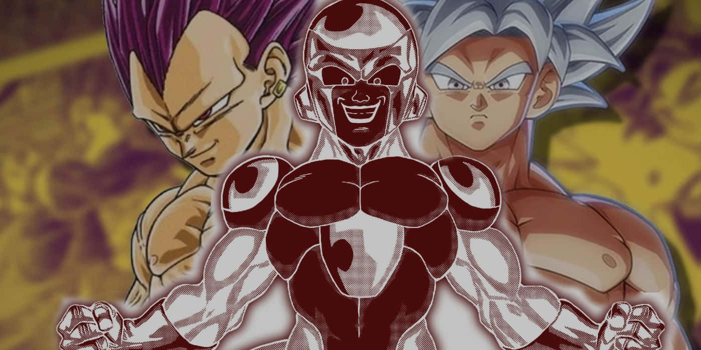 Vegeta And Frieza 桌布 壁紙 — 三位肌肉發達的動漫戰士，表情強烈，站在火熱的金色背景前。