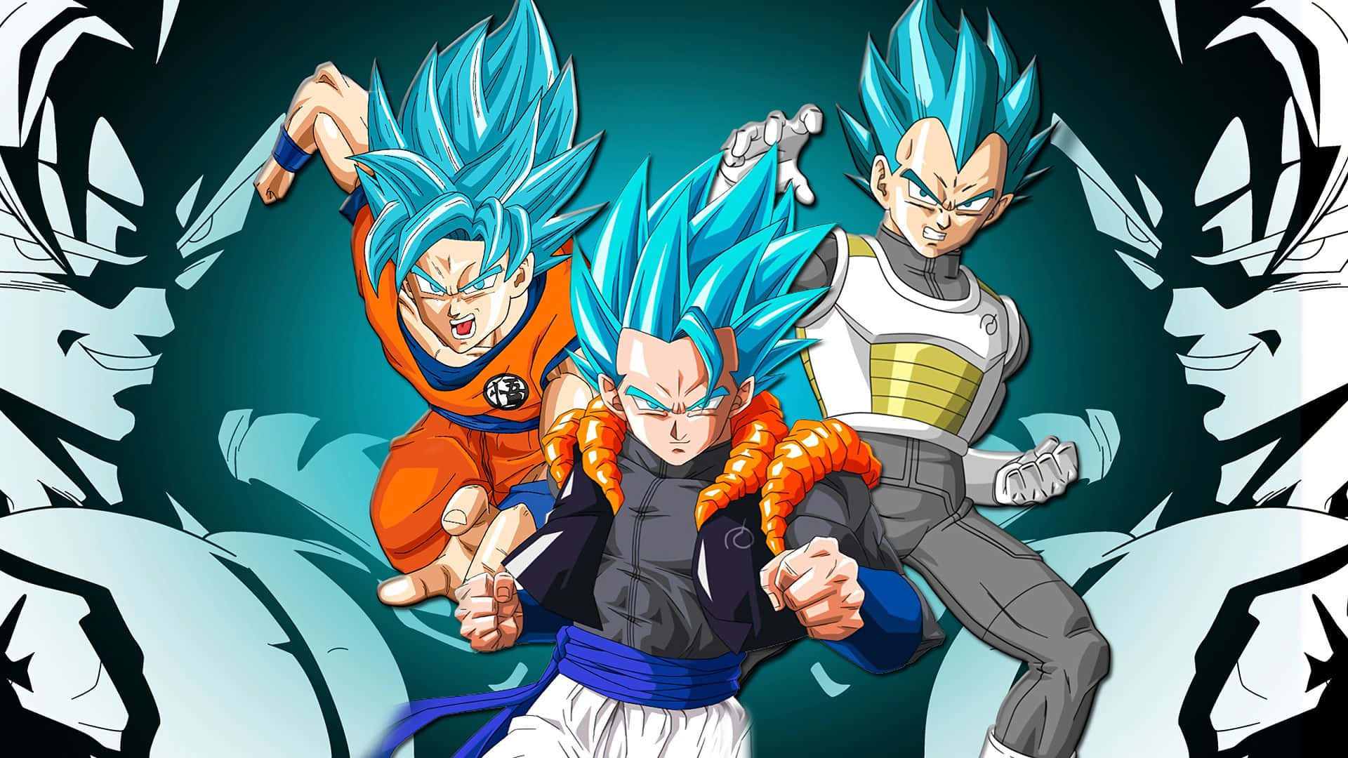 Vegeta And Goku 桌布 壁紙 — 三位藍髮撒亞人戰士擺出戰鬥姿勢，身後有橙色能量圈和黑白陰影面孔。