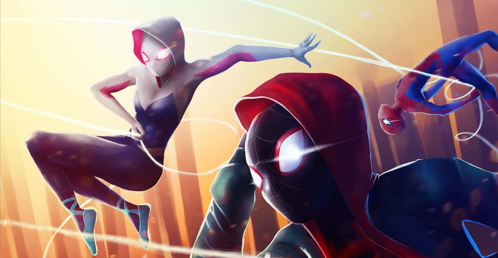 Gwen Stacy 桌布 壁紙 — 三位蜘蛛主題英雄以動感姿態，在閃爍的金色城市景觀中擺盪，蜘蛛絲線條呼嘯而過。