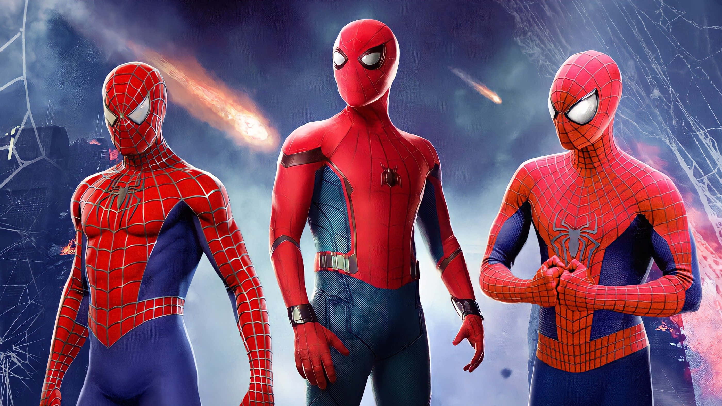 Spider Man No Way Home 桌布 壁紙 — 三位蜘蛛俠英雄在充滿火焰流星和發光蜘蛛網圖案的宇宙背景下英勇站立。
