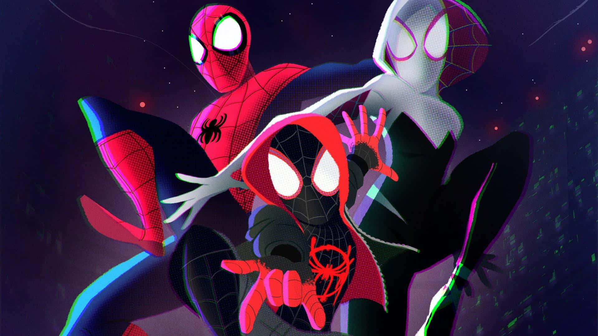 Gwen Stacy 桌布 壁紙 — 三位蜘蛛英雄穿著鮮豔的服裝，在星光燦爛的數位夜空下，以發光的霓虹點綴，動感地擺出姿勢。