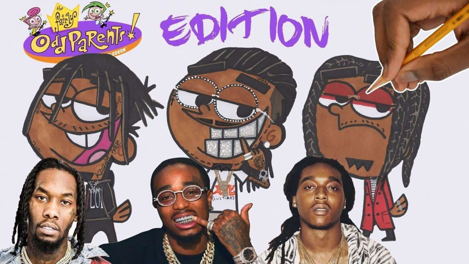 Ynw Melly Cartoon 桌布 壁紙 — 三位說唱歌手喺《趣怪守護仙》嘅卡通版自己下面擺甫士，有一隻手喺度畫緊其中一個。
