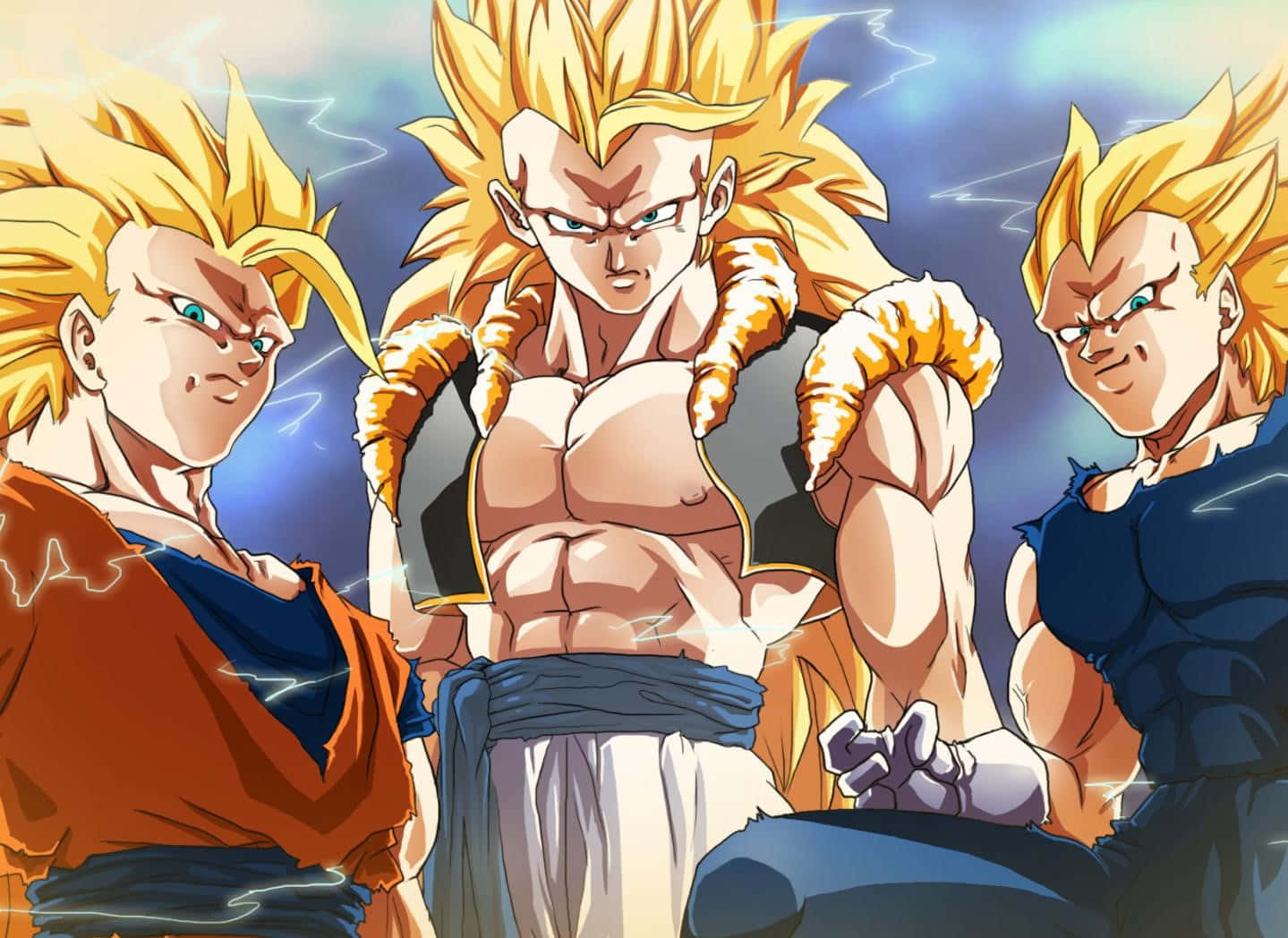 Saiyan 桌布 壁紙 — 三位超級撒亞人戰士，擁有尖刺金色頭髮和強烈表情，在閃電交加的暴風雨天空下強勢站立。