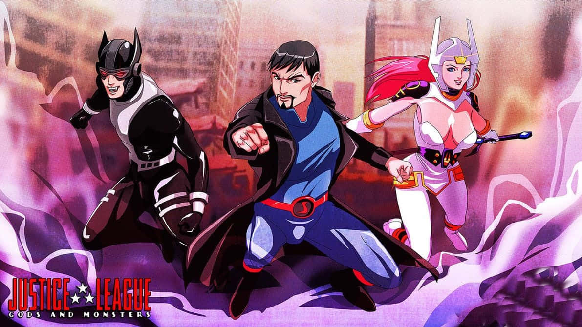 Justice League Gods And Monsters 桌布 壁紙 — 三位超級英雄以動態姿勢在充滿紫色能量漩渦的熾熱城市背景下戰鬥。