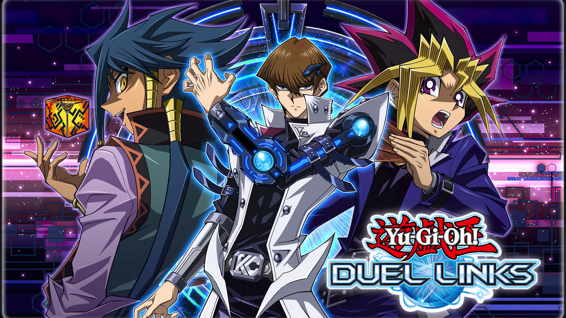Seto Kaiba 桌布 壁紙 — 三位身穿未來裝備的動畫決鬥者，在霓虹賽博龐克城市景觀中，以發光的藍色能量交鋒。