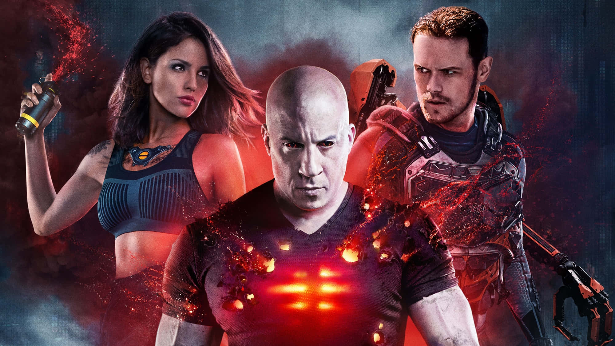 Action Movie 桌布 壁紙 — 三位身穿未來裝備的激烈動作英雄，在黑暗煙霧背景中站立於熾熱爆炸之間。