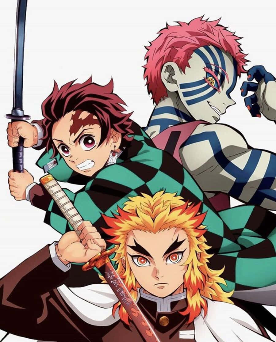 Rengoku And Tanjiro 桌布 壁紙 — 三位身穿格仔羽織、手持刀劍的動漫戰士，表情凌厲，準備戰鬥。
