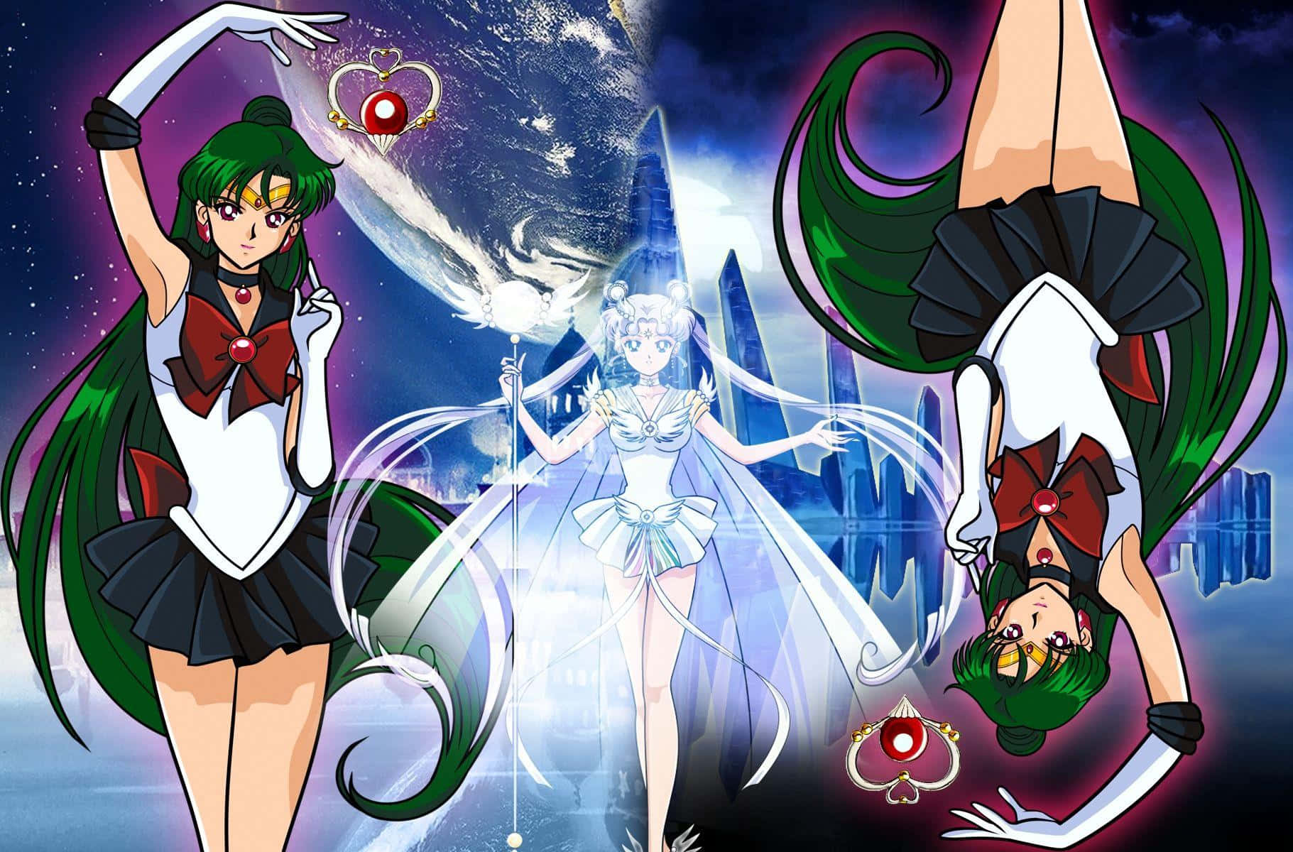 Sailor Pluto 桌布 壁紙 — 三位身穿水手服嘅動畫女主角喺發光能量效果嘅宇宙城市景觀前動感擺姿勢。