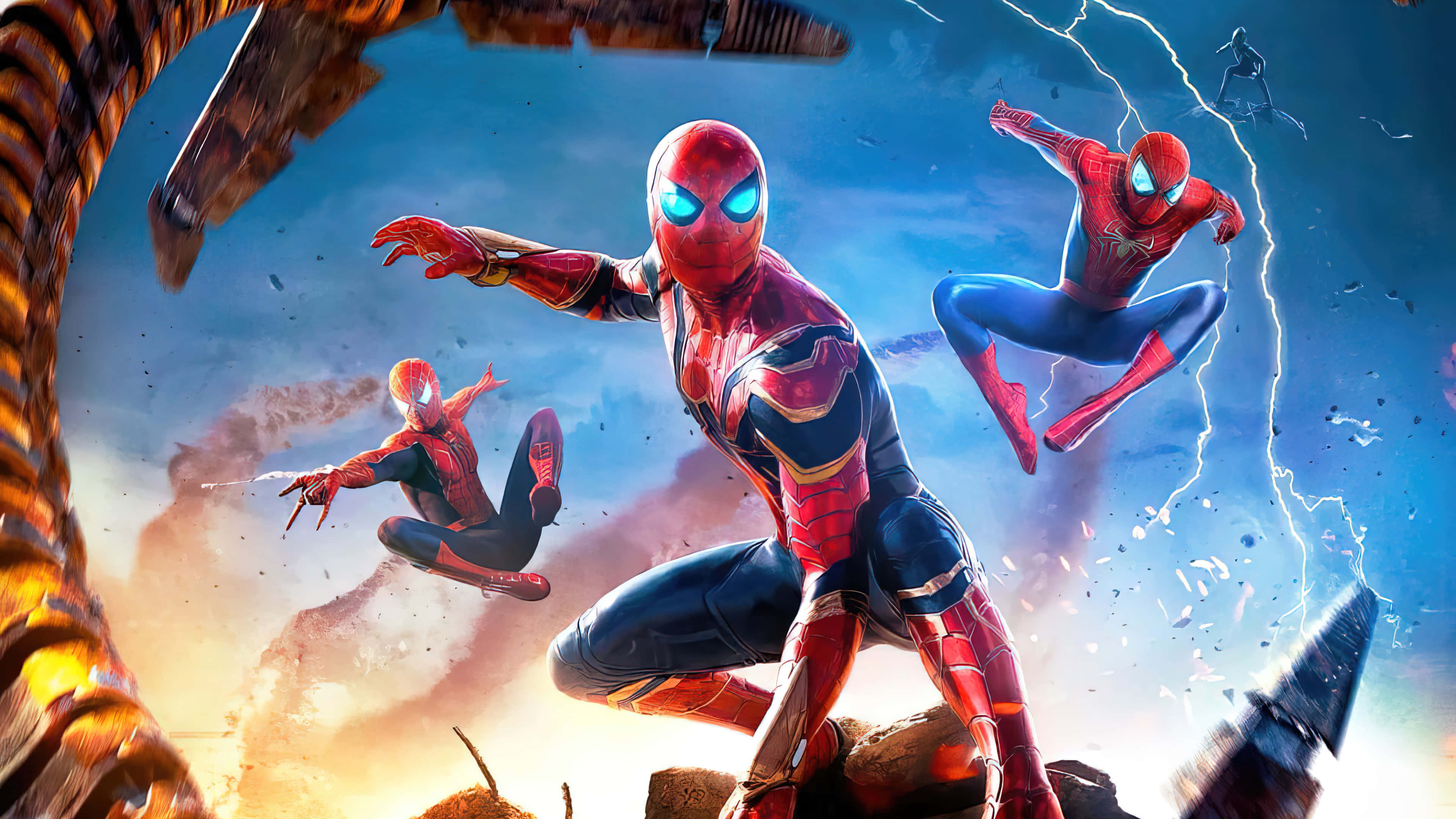 Spider Man No Way Home 桌布 壁紙 — 三位身穿紅藍戰衣的蜘蛛俠英雄在閃電和碎片紛飛的暴風雨中動態跳躍。