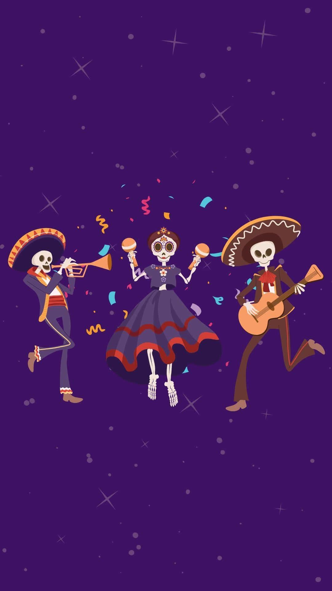 Skeleton Costumes 桌布 壁紙 — 三位身穿色彩繽紛服裝的節日骷髏音樂家在繁星點點的紫色夜空下演奏樂器，伴隨著五彩紙屑。