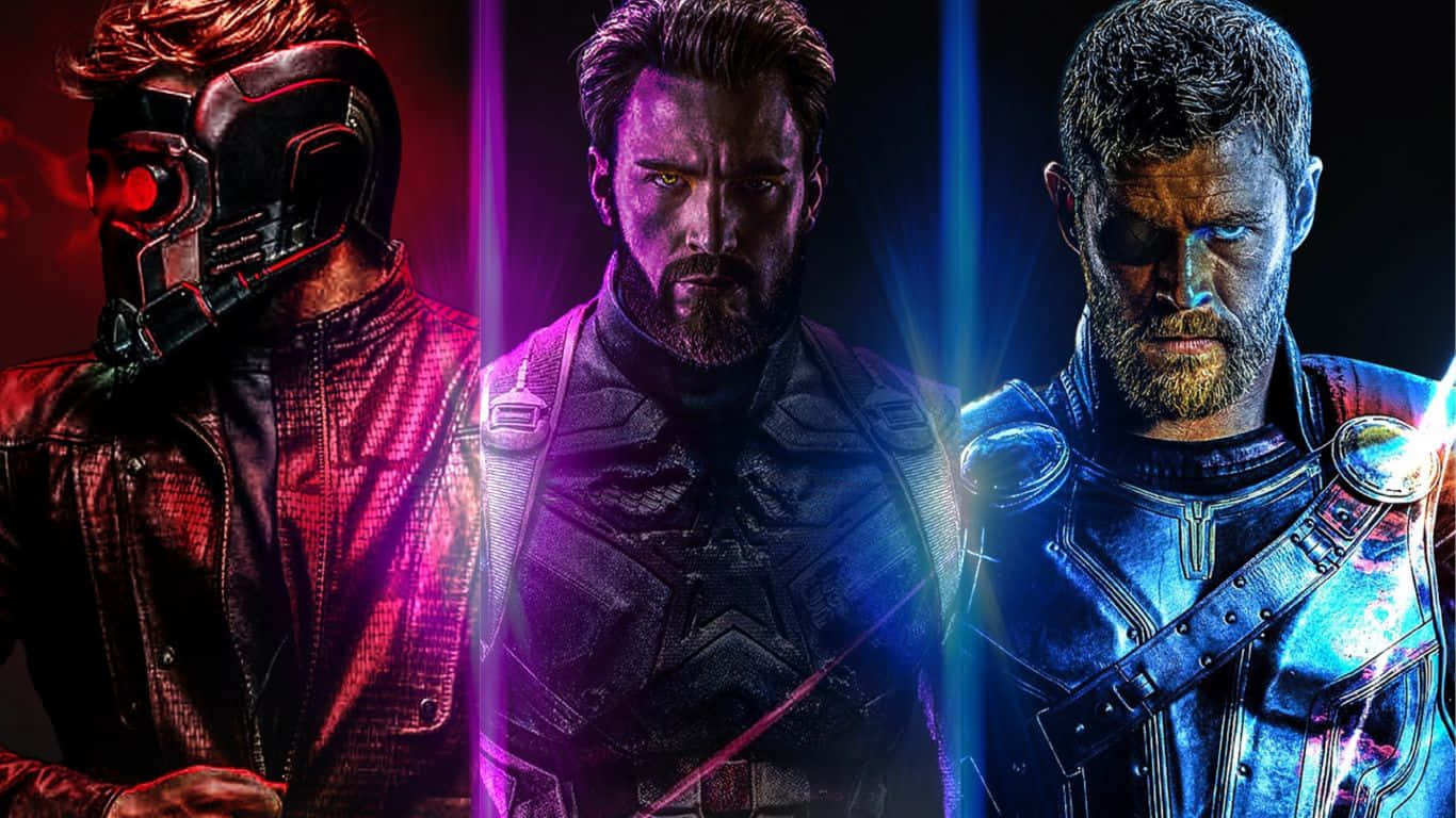 1366x768 Marvel 桌布 壁紙 — 三位身穿裝甲服的超級英雄站在黑暗背景前，被鮮豔的紅色、紫色和藍色霓虹燈照亮。