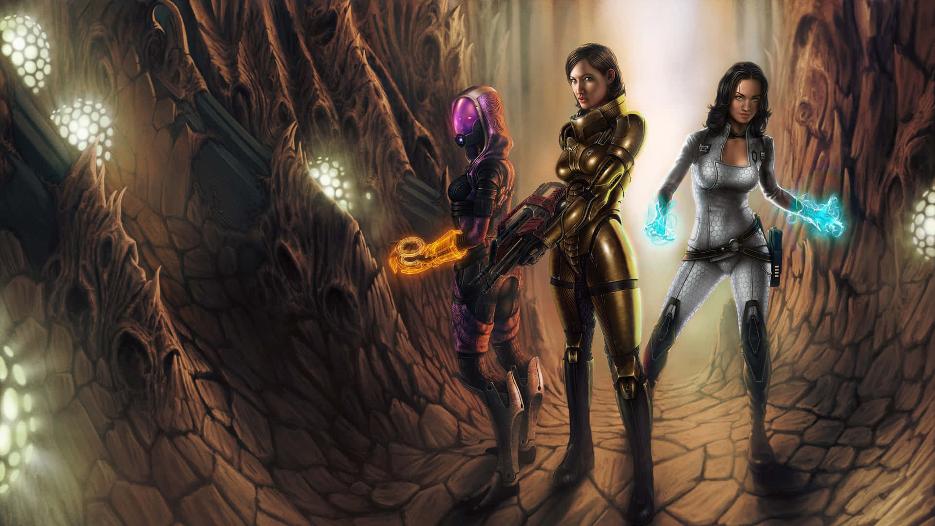 Miranda Lawson 桌布 壁紙 — 三位身穿裝甲的女戰士站在發光的外星洞穴中，手持能量武器和發光的雙手。