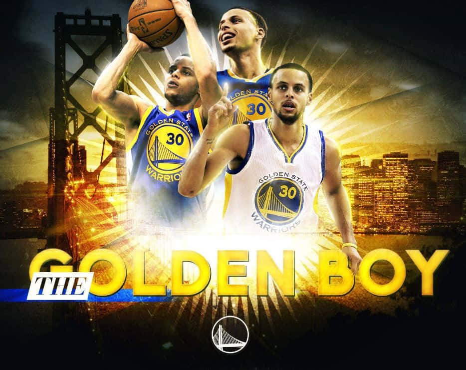 steph curry 桌布 壁紙 — 三位身穿金州勇士隊球衣的籃球運動員，在閃爍的城市景觀和橋樑背景下，於戲劇性的金色燈光下動態擺姿勢。