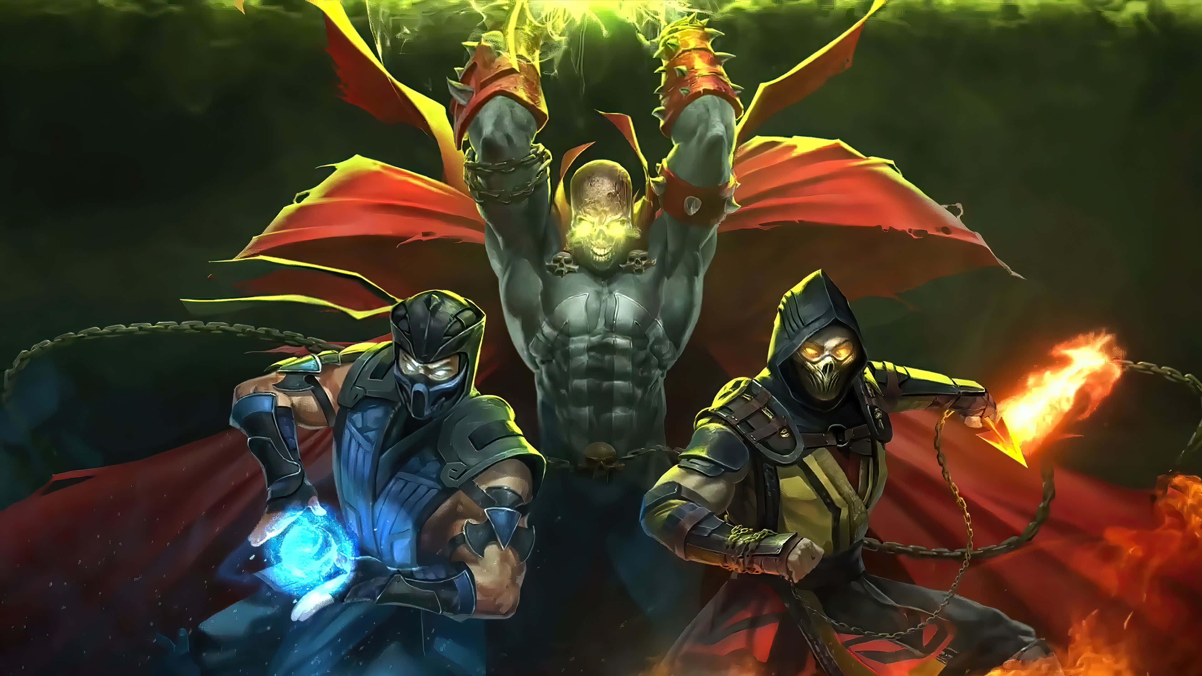 Mortal Kombat 11 Spawn 桌布 壁紙 — 三位身穿鎧甲、擁有發光力量及紅色披風的戰士，站在一個黑暗的神秘競技場中。
