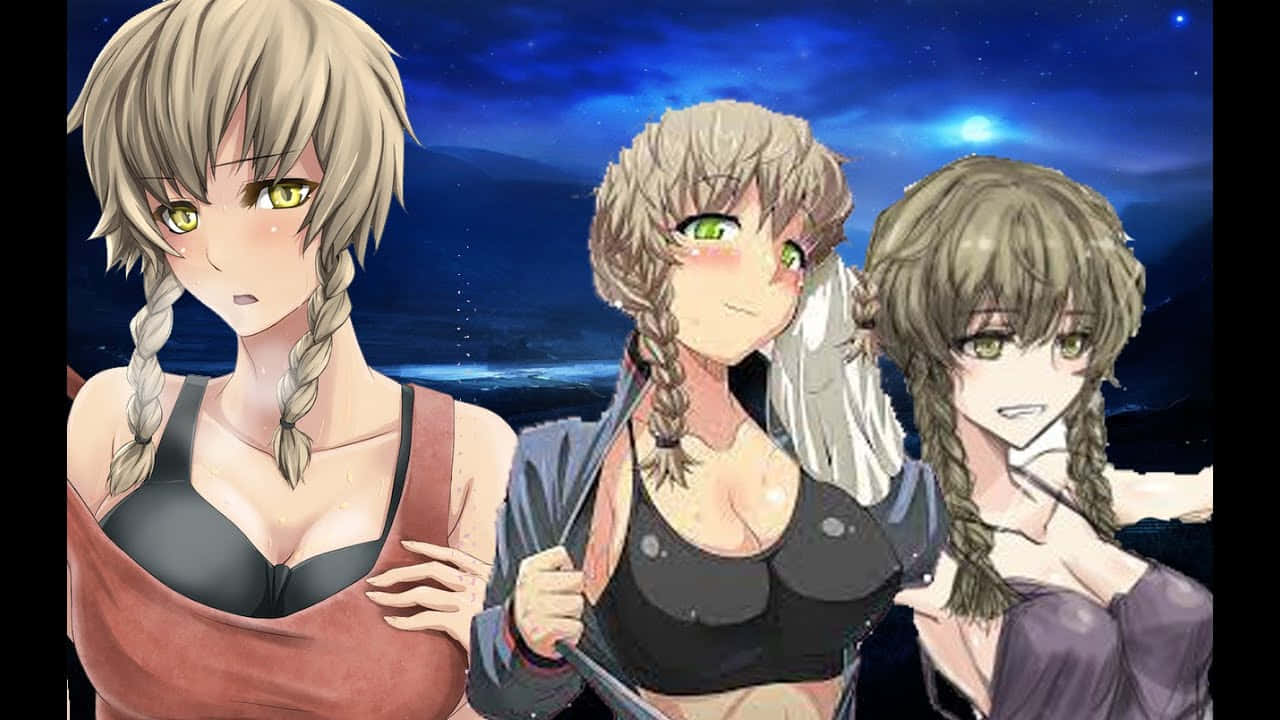 Suzuha Amane 桌布 壁紙 — 三位辮子頭髮、綠色眼睛的動漫女孩站在星光燦爛的夜空下，月亮閃耀。
