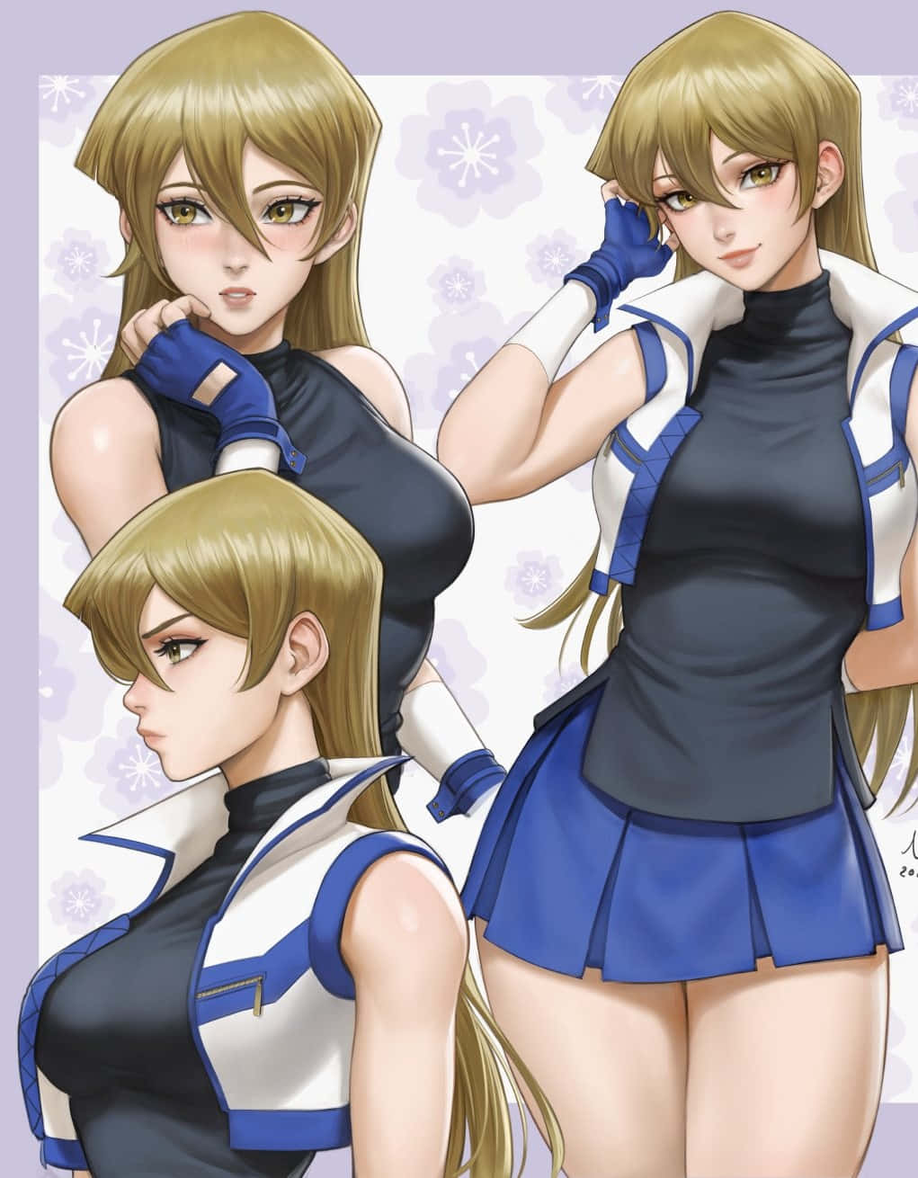 Alexis Rhodes 桌布 壁紙 — 三位金髮動漫女孩身穿藍白服裝，在花卉圖案背景前自信地擺姿勢。