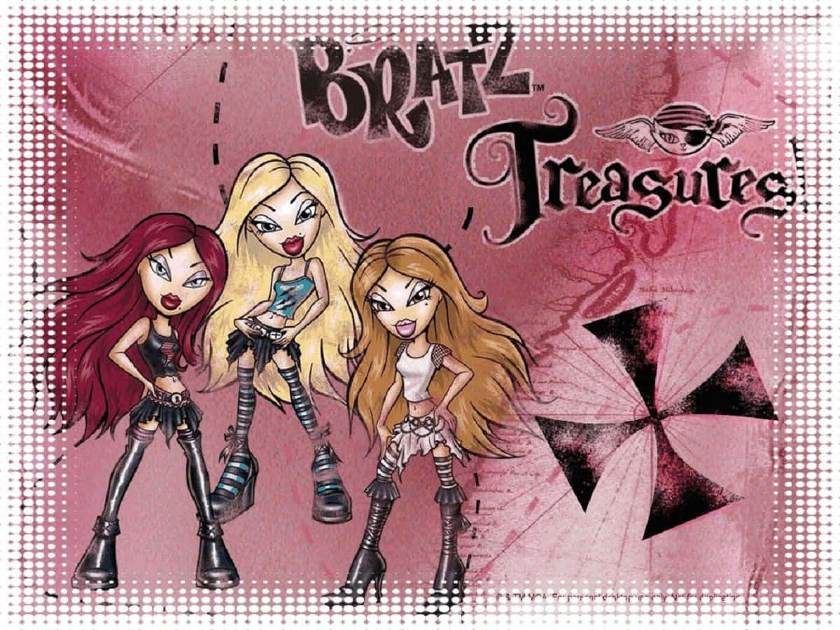 Bratz 桌布 壁紙 — 三個 Bratz 公仔穿著前衛服裝，在粉紅色紋理背景前擺姿勢，帶有 'Bratz Treasures' 標誌。