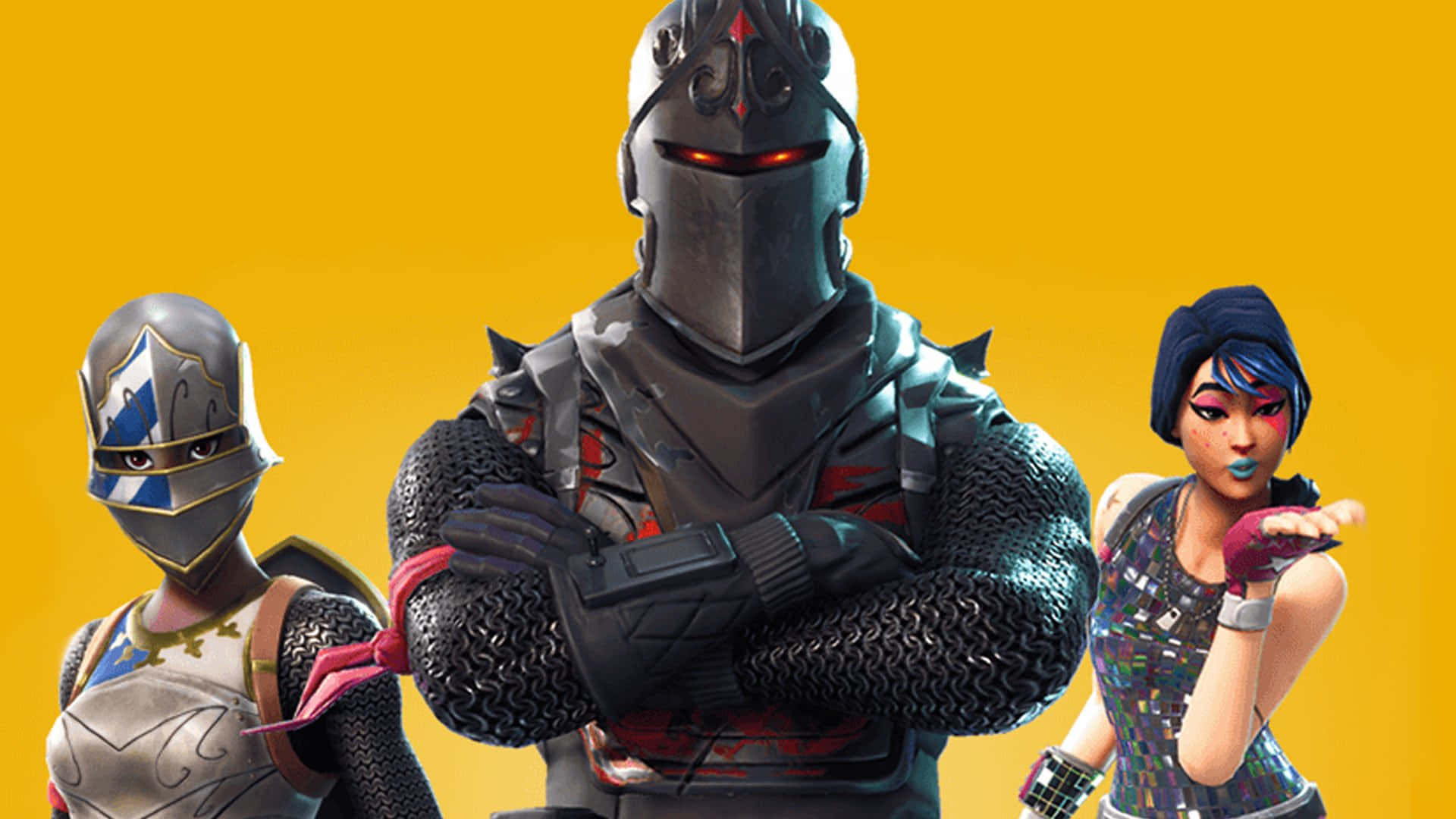 Fortnite Skins Battle Royale 桌布 壁紙 — 三個《Fortnite》角色身穿精細盔甲和服裝，在純黃色背景前自信地擺出姿勢。
