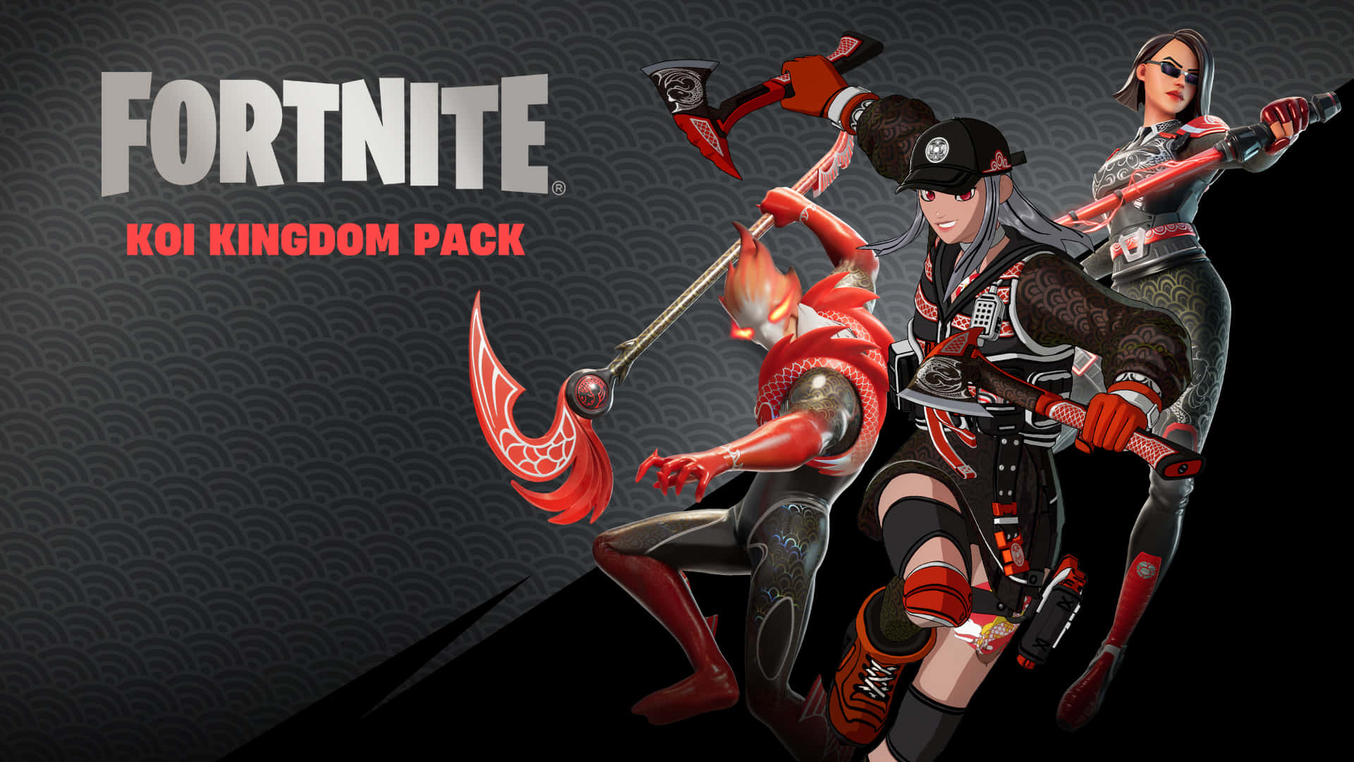 Online Gaming 桌布 壁紙 — 三個《Fortnite》角色身穿錦鯉主題盔甲，在深色波浪圖案背景前動感擺姿勢。