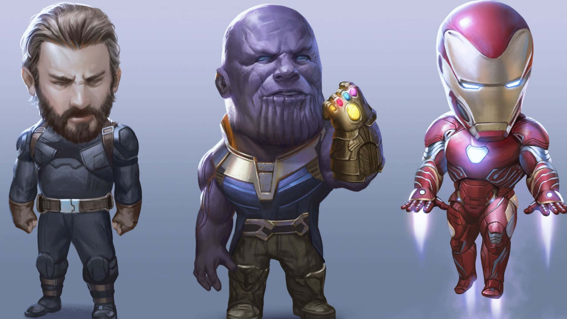 Iron Man Vs Thanos 桌布 壁紙 — 三個 Marvel 超級英雄以 Q 版風格並排站在純灰色背景前。