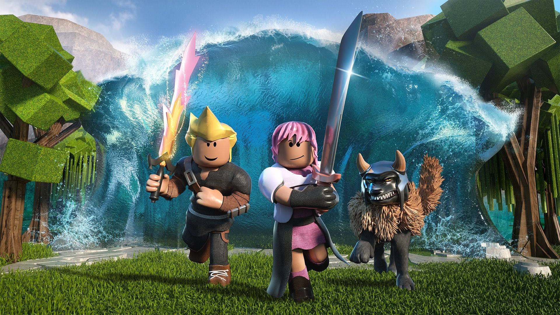 遊戲 桌布 壁紙 — 三個 Roblox 角色手持劍，站在草地上，面對著一個巨大的破碎波浪，背景是方塊風格的奇幻景觀。