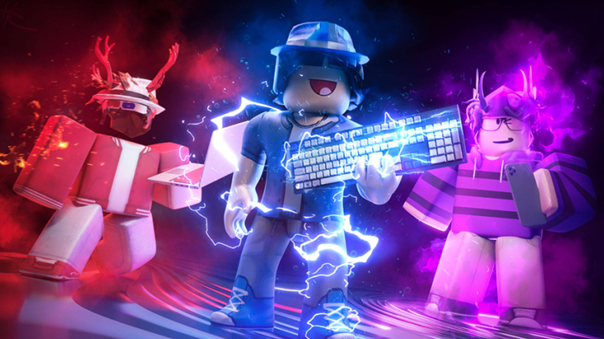 型格Roblox 桌布 壁紙 — 三個 Roblox 頭像在火紅與霓虹紫色的宇宙背景下，散發著電光能量。