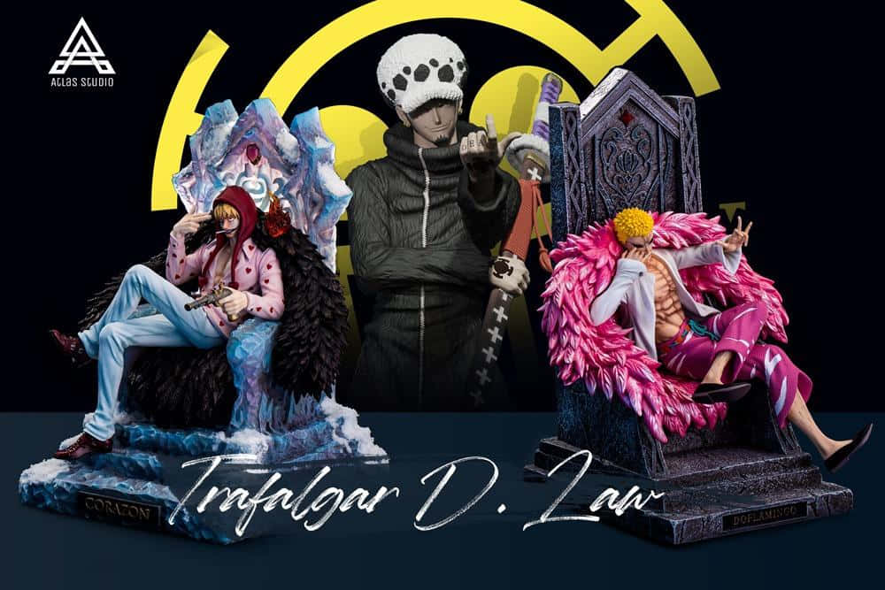 Donquixote Family 桌布 壁紙 — 三個《海賊王》角色的精緻動漫手辦，華麗地坐在裝飾華麗的王座上，背景為大膽的黃色和黑色。