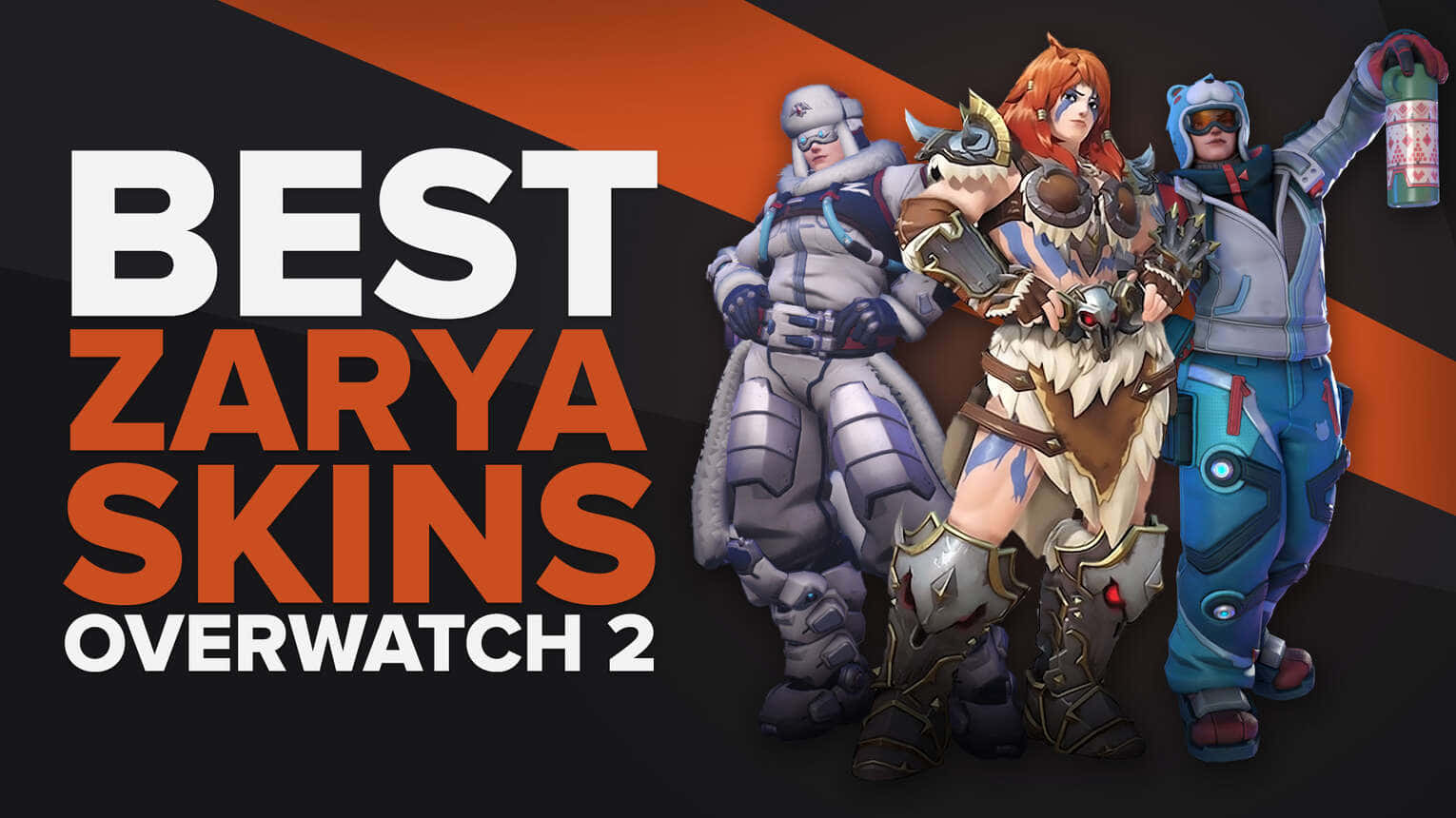 Overwatch Zarya 桌布 壁紙 — 三個《鬥陣特攻2》角色穿著冬季造型，在鮮明的橙色和黑色背景上自信地擺姿勢，並帶有文字。