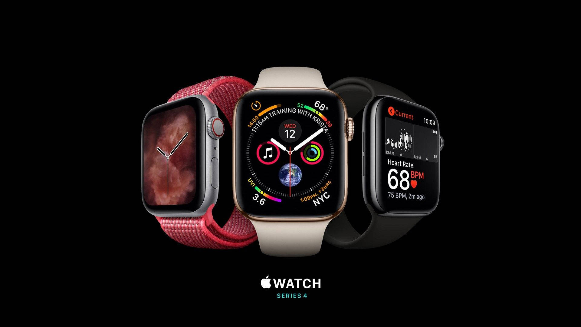 Apple Watch Series Four 壁紙 — 三個Apple Watch Series 4型號，配備不同錶帶和錶面，在黑色背景上展示。