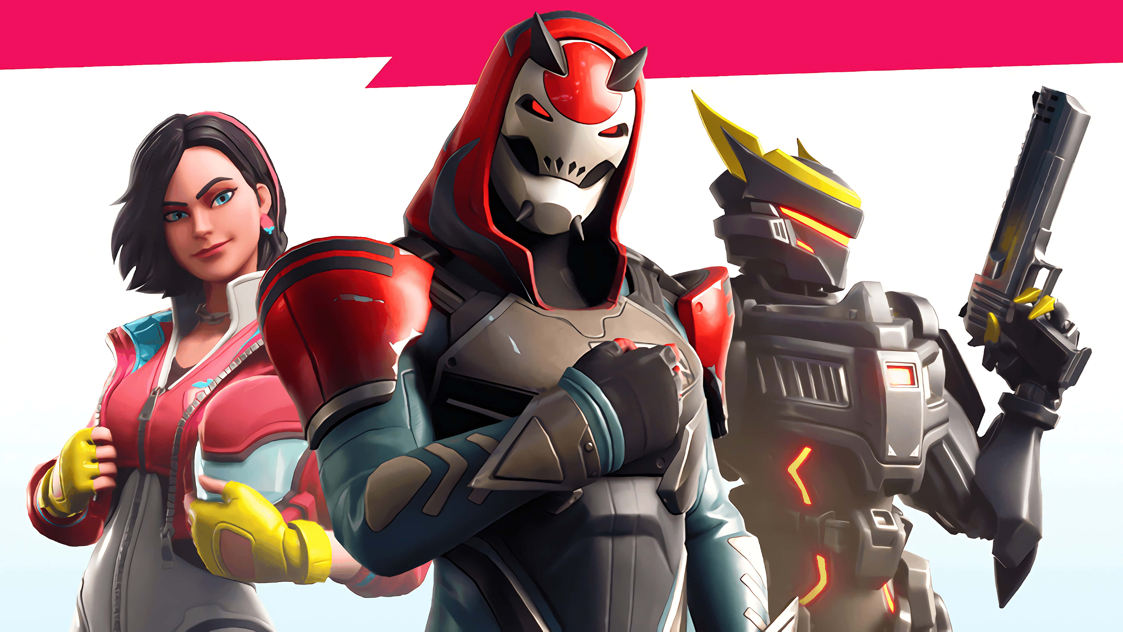 要塞英雄 大逃殺 桌布 壁紙 — 三個Fortnite角色在醒目的粉紅和白色背景前自信地擺出持武器姿勢。