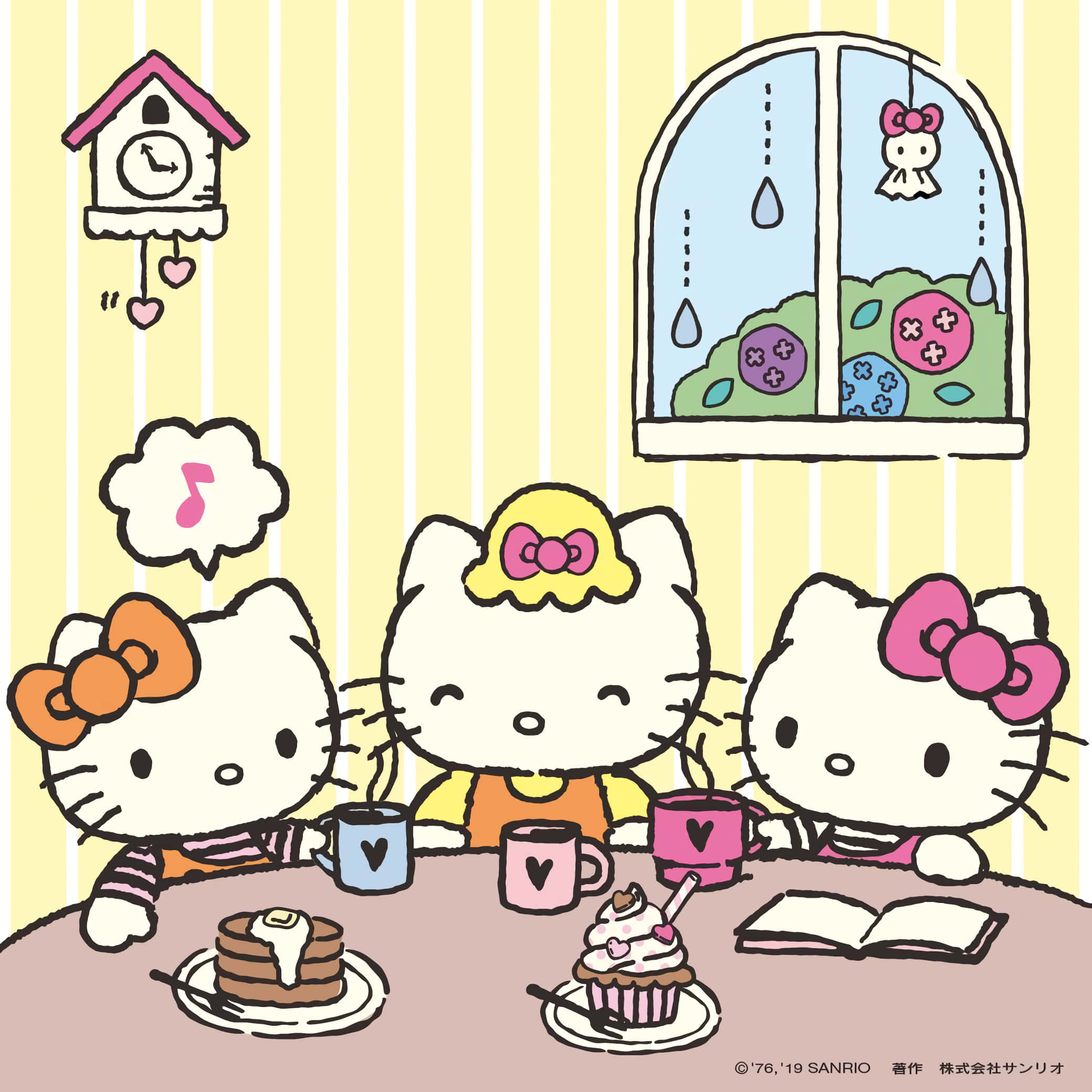 Mary White 桌布 壁紙 — 三個Hello Kitty角色在一個舒適的條紋房間裡享用早餐，桌上放著煎餅和杯子蛋糕，房間裡有布穀鳥鐘和下雨的窗戶。