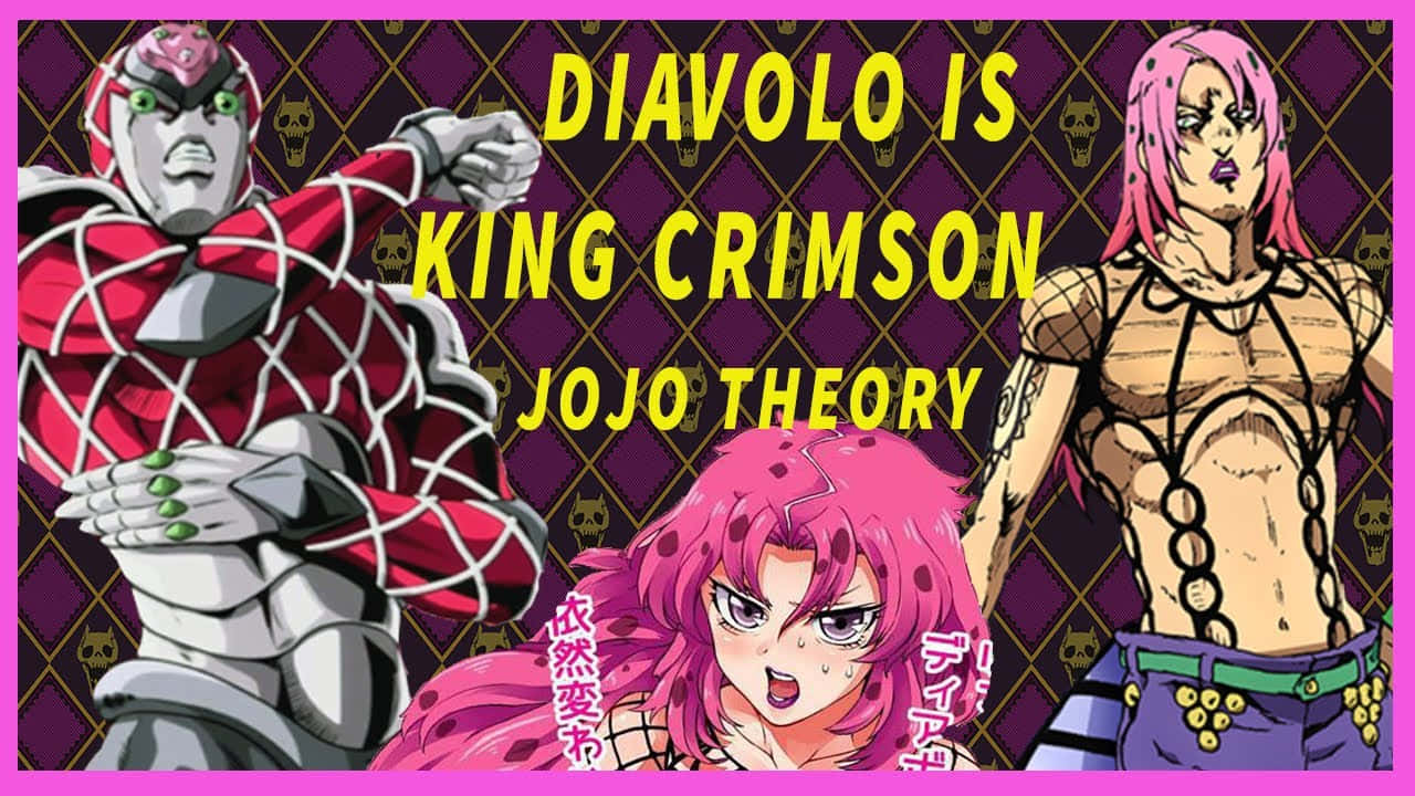 Jojo's Bizarre Adventure Diavolo 桌布 壁紙 — 三個JoJo角色以大膽的動漫風格，在紫色骷髏圖案背景上擺出戲劇性的姿勢，並帶有黃色文字。