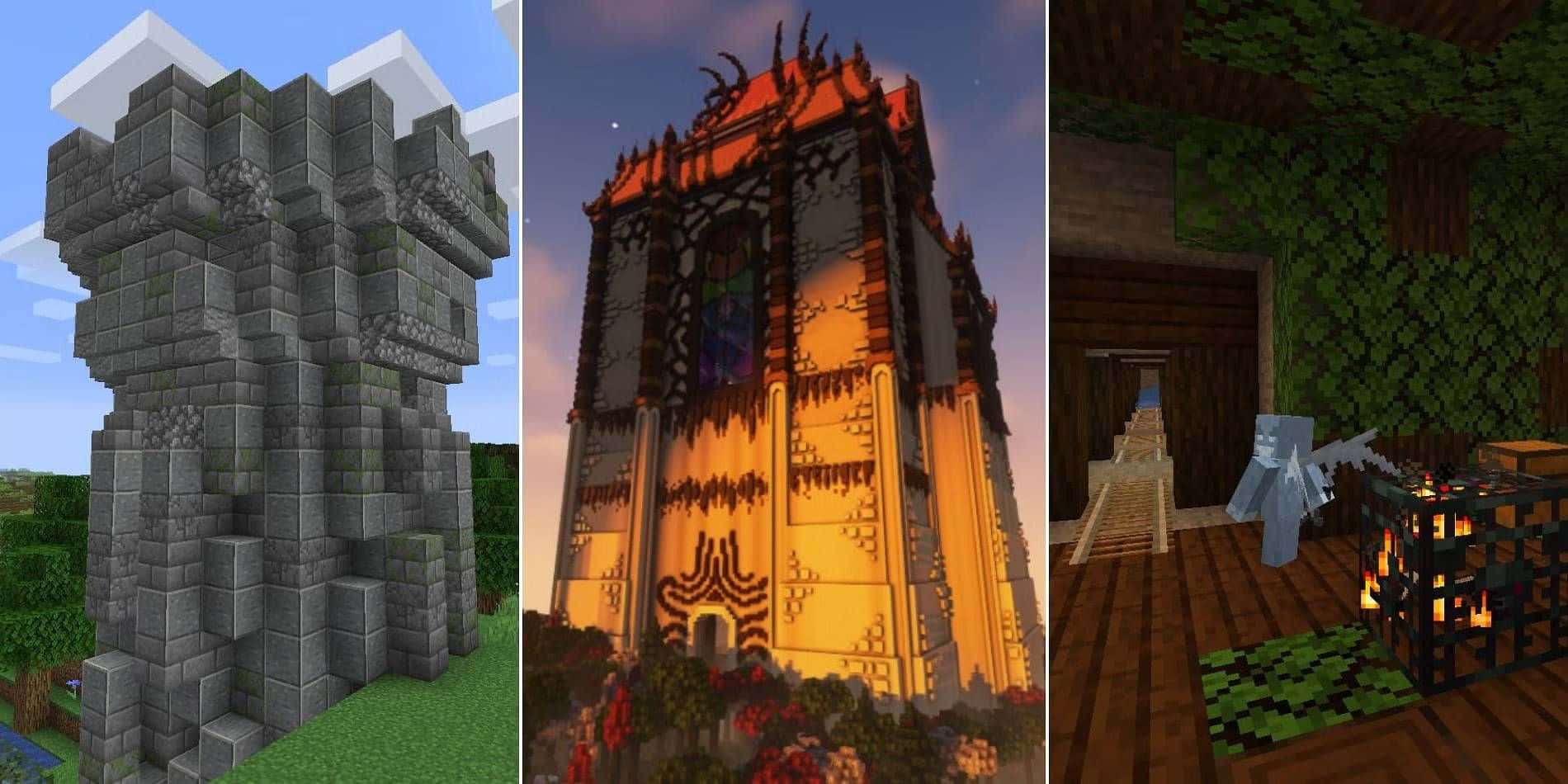 Minecraft Mods 桌布 壁紙 — 三個Minecraft建築：石塔、日落時的哥德式大教堂，以及一個有殭屍和熔爐的舒適室內。