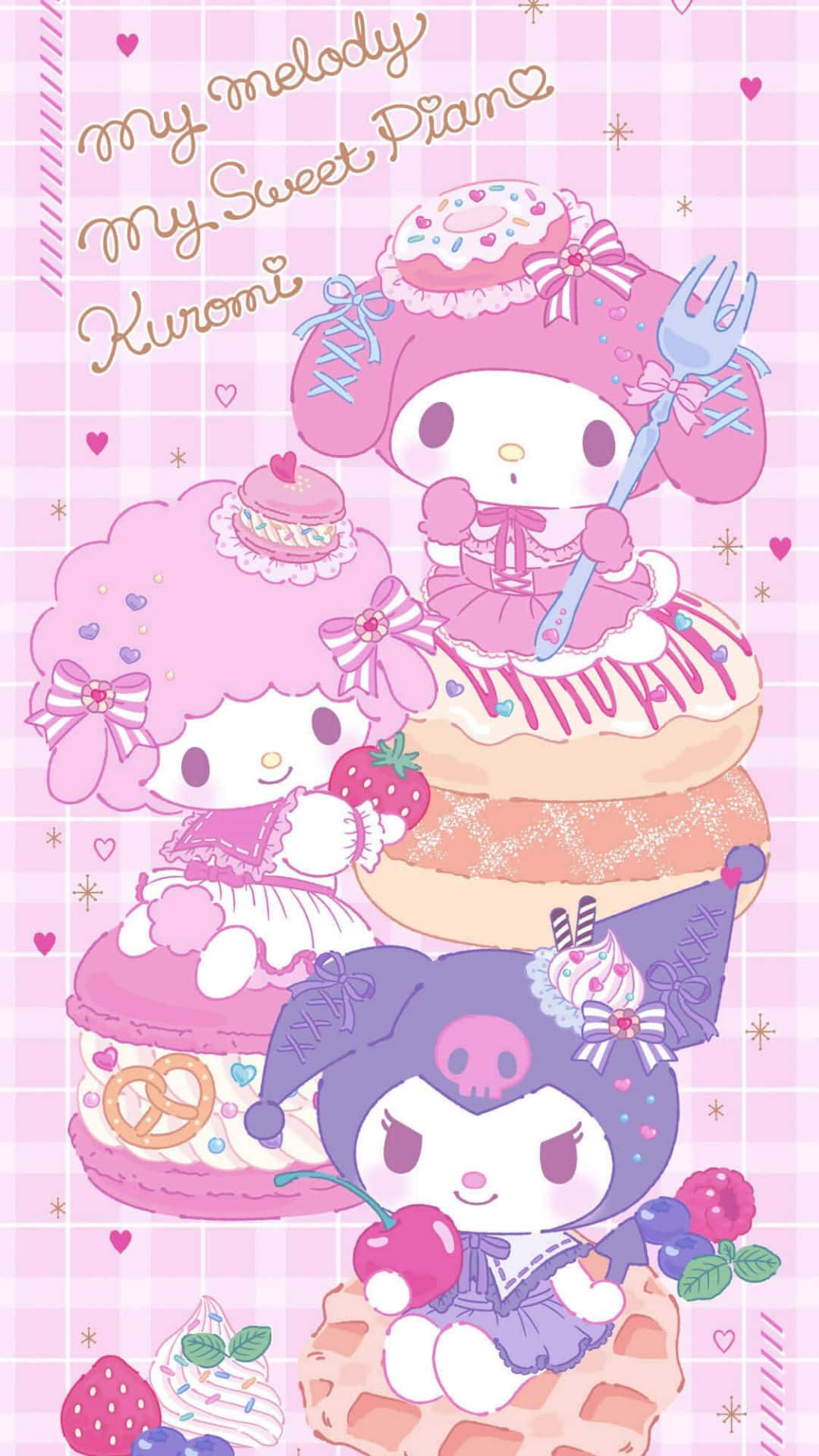 Kuromi And My Melody 桌布 壁紙 — 三個Sanrio角色坐在粉紅色格子背景上的柔和色調甜品上，配有心形和文字。