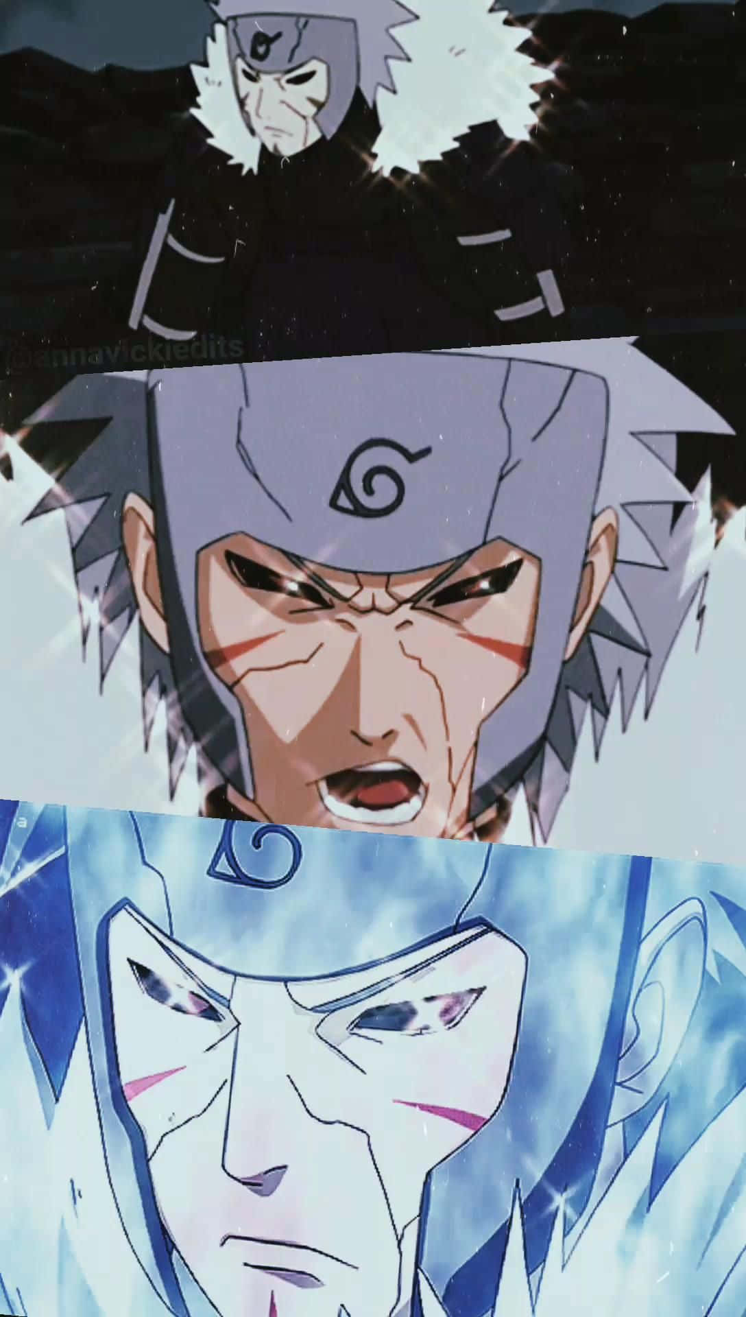 tobirama senju 桌布 壁紙 — 三個不同戰鬥狀態下的卡卡西·哈塔克激烈動漫面孔，帶有發光的查克拉和尖銳的表情。