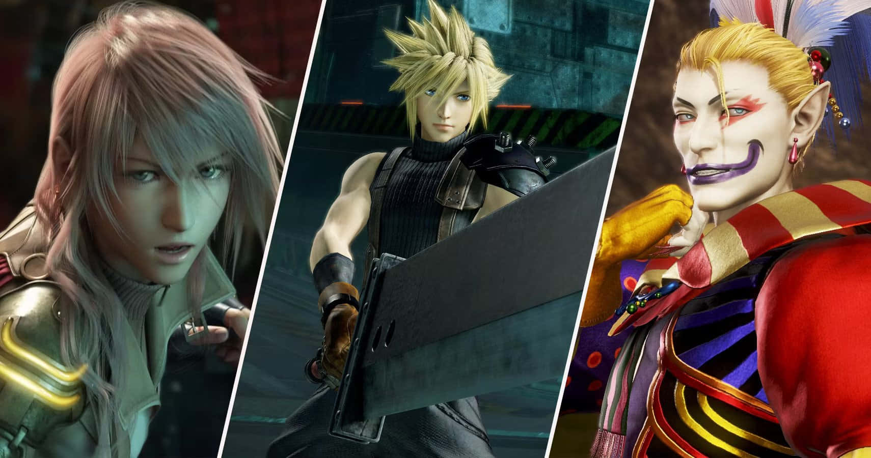 Final Fantasy Characters 桌布 壁紙 — 三個不同的 Final Fantasy VII 角色以戲劇性的特寫鏡頭呈現，具有詳細的 3D 渲染紋理和富有表現力的面孔。