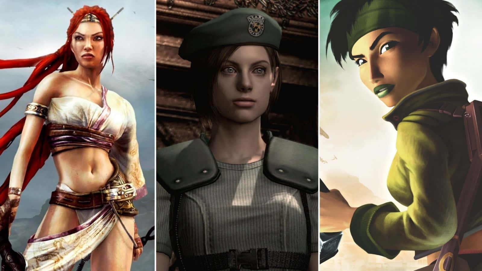Half-life Characters 桌布 壁紙 — 三個不同的女性電子遊戲角色，以詳細的數位藝術肖像呈現，搭配多樣的服裝和表情。