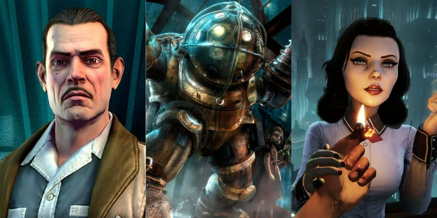 Bioshock Characters 桌布 壁紙 — 三個不同的電子遊戲角色：一個嚴肅的男人、一個裝甲潛水員和一個在陰沉的城市景觀中點煙的女人。