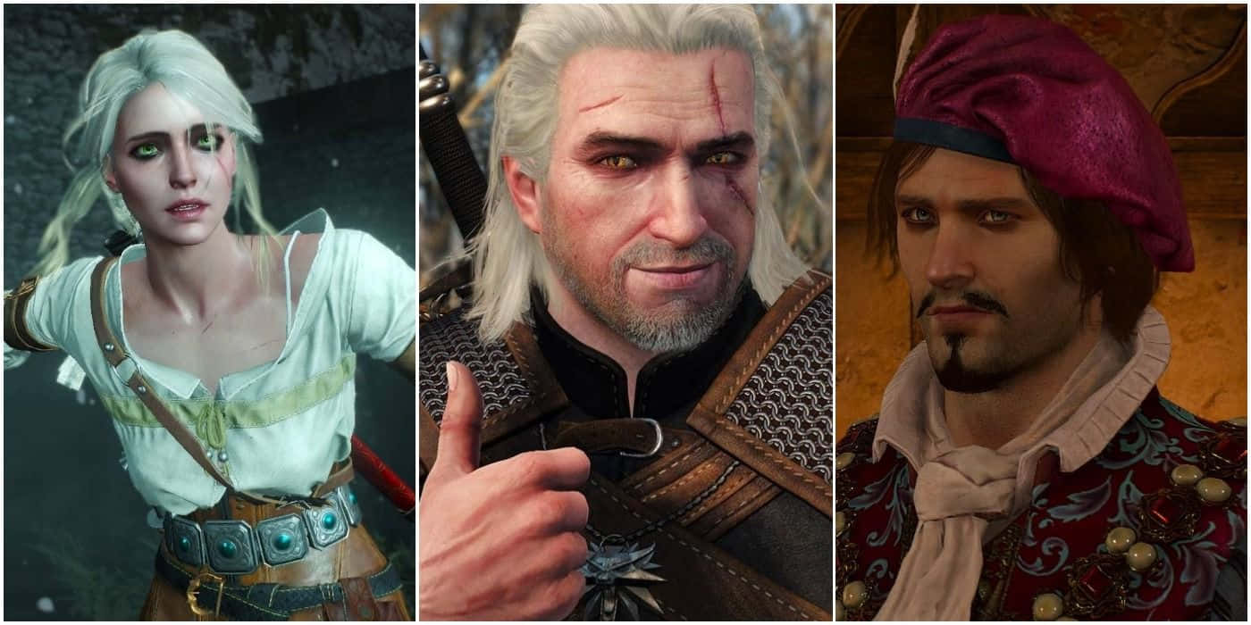 The Witcher Characters 桌布 壁紙 — 三個不同的電子遊戲角色，帶有詳細的面部表情和時代服裝，以三聯畫佈局呈現。