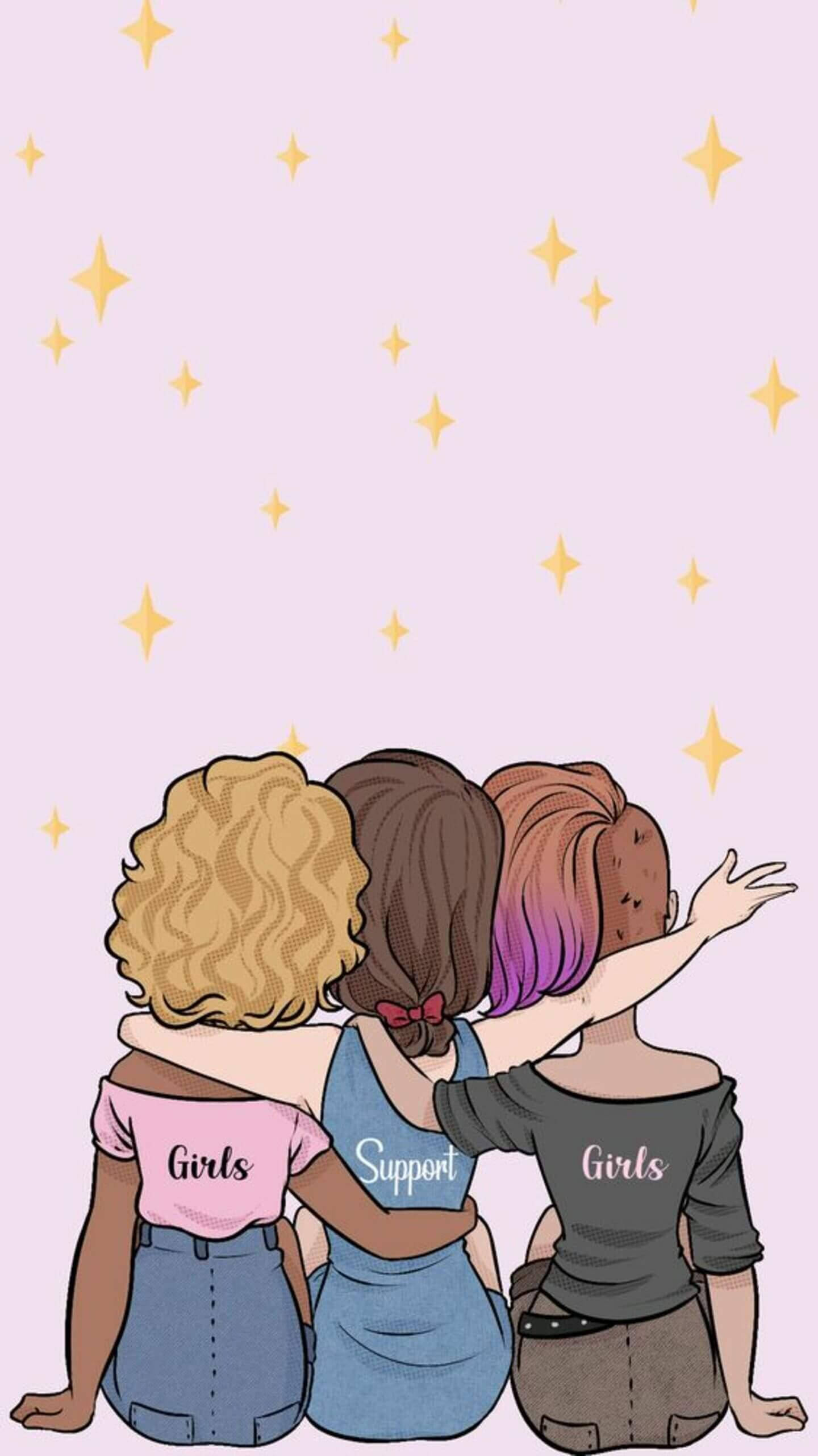 Best Friends Forever 桌布 壁紙 — 三個不同背景的女孩互相搭著肩膀，仰望柔軟粉紅天空中閃爍的金色星星。