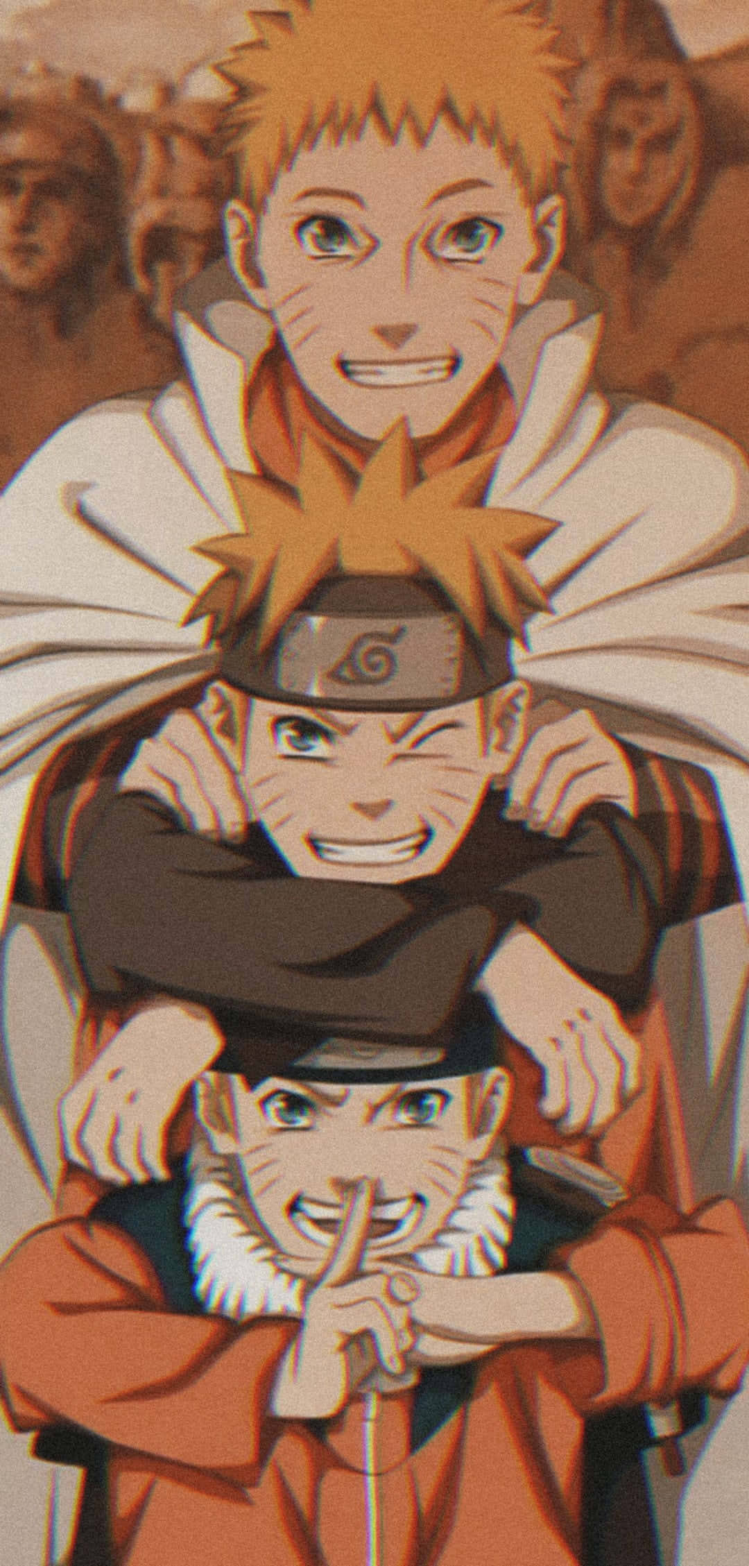 Boruto And Naruto 桌布 壁紙 — 三個世代的《火影忍者》角色以溫暖的橙色和棕色色調堆疊在歡樂的擁抱中。