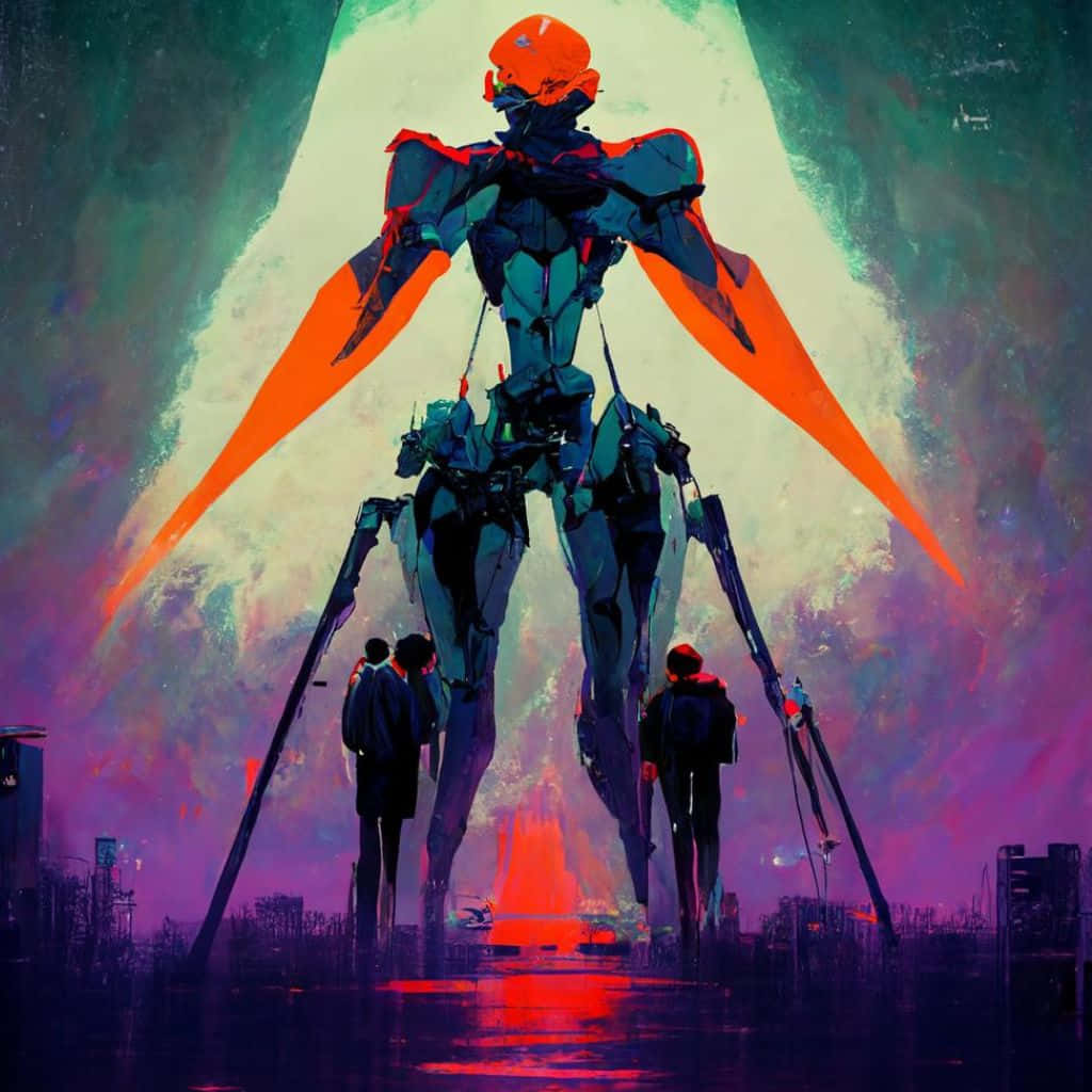 Adam Evangelion 桌布 壁紙 — 三個人物在超現實的紫色和藍綠色天空下，敬畏地站在一個高聳的、帶有橙色翅膀的生物機械巨人面前。