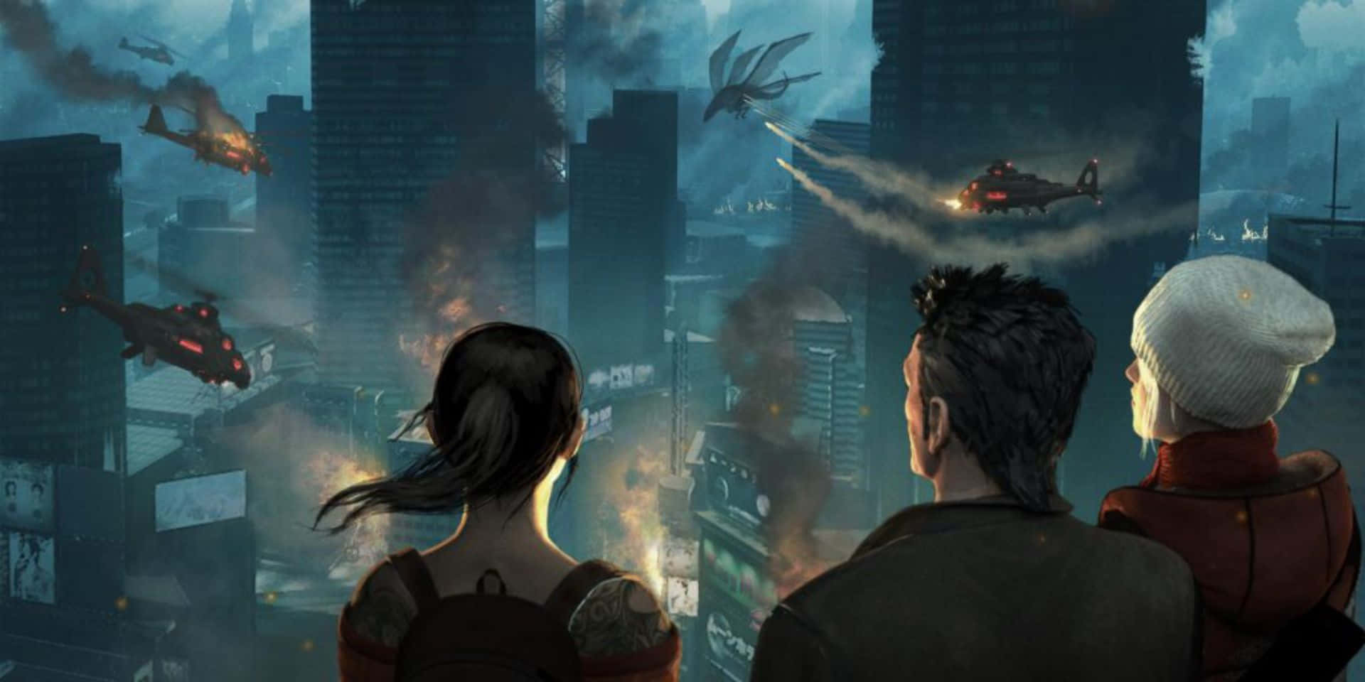 Fantasy Games 桌布 壁紙 — 三個人物觀看直升機和龍在煙霧瀰漫的未來城市景觀上空戰鬥。