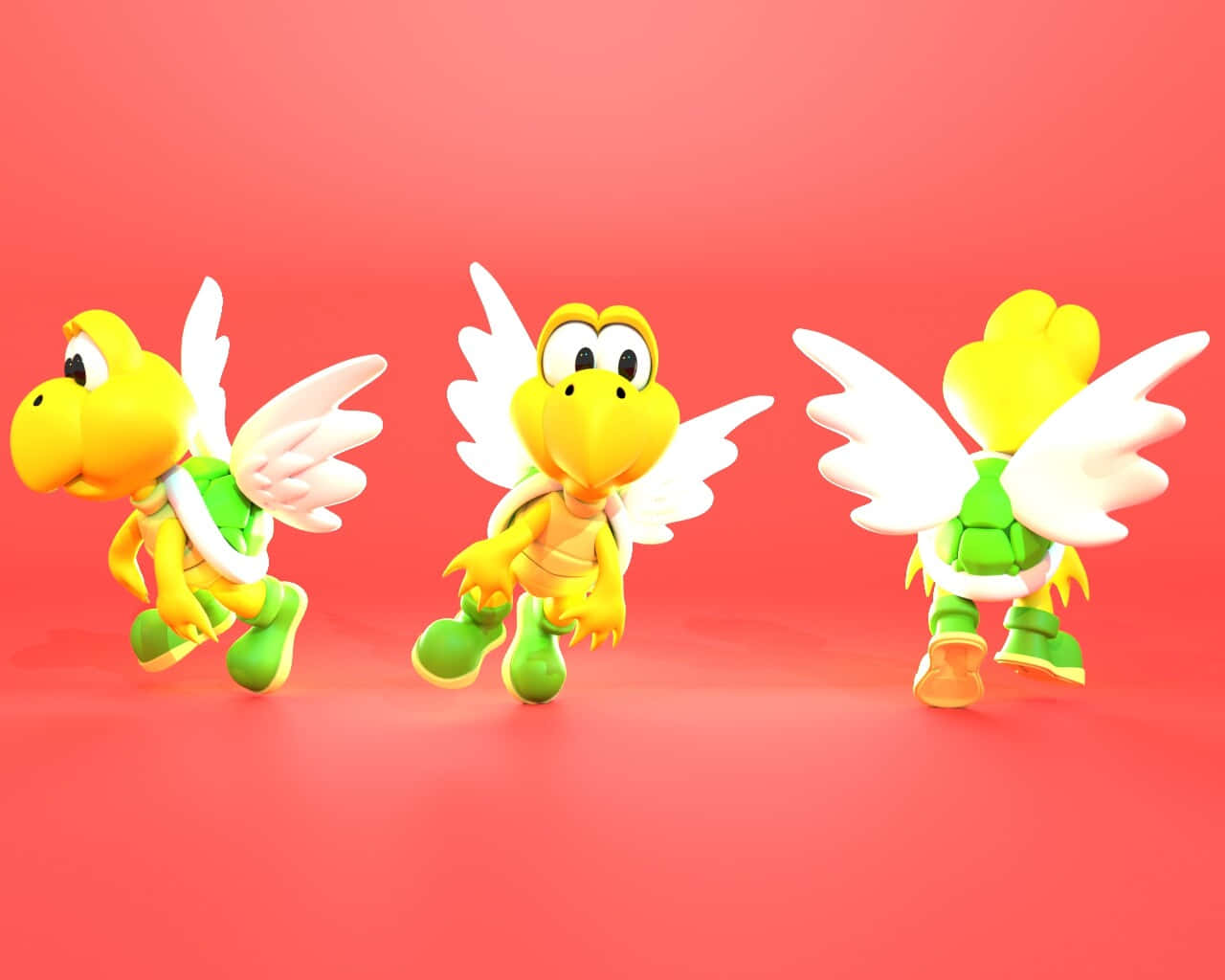 Koopa Troopa 桌布 壁紙 — 三個以3D渲染的飛行庫巴兵，分別為黃色、綠色和白色，在純珊瑚粉紅色的背景上動態擺姿勢。