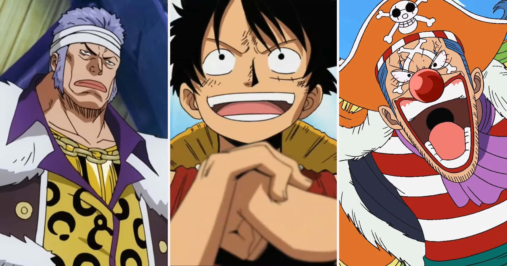 East Blue 桌布 壁紙 — 三個來自《One Piece》的動畫海盜角色，表情強烈，服裝色彩繽紛。