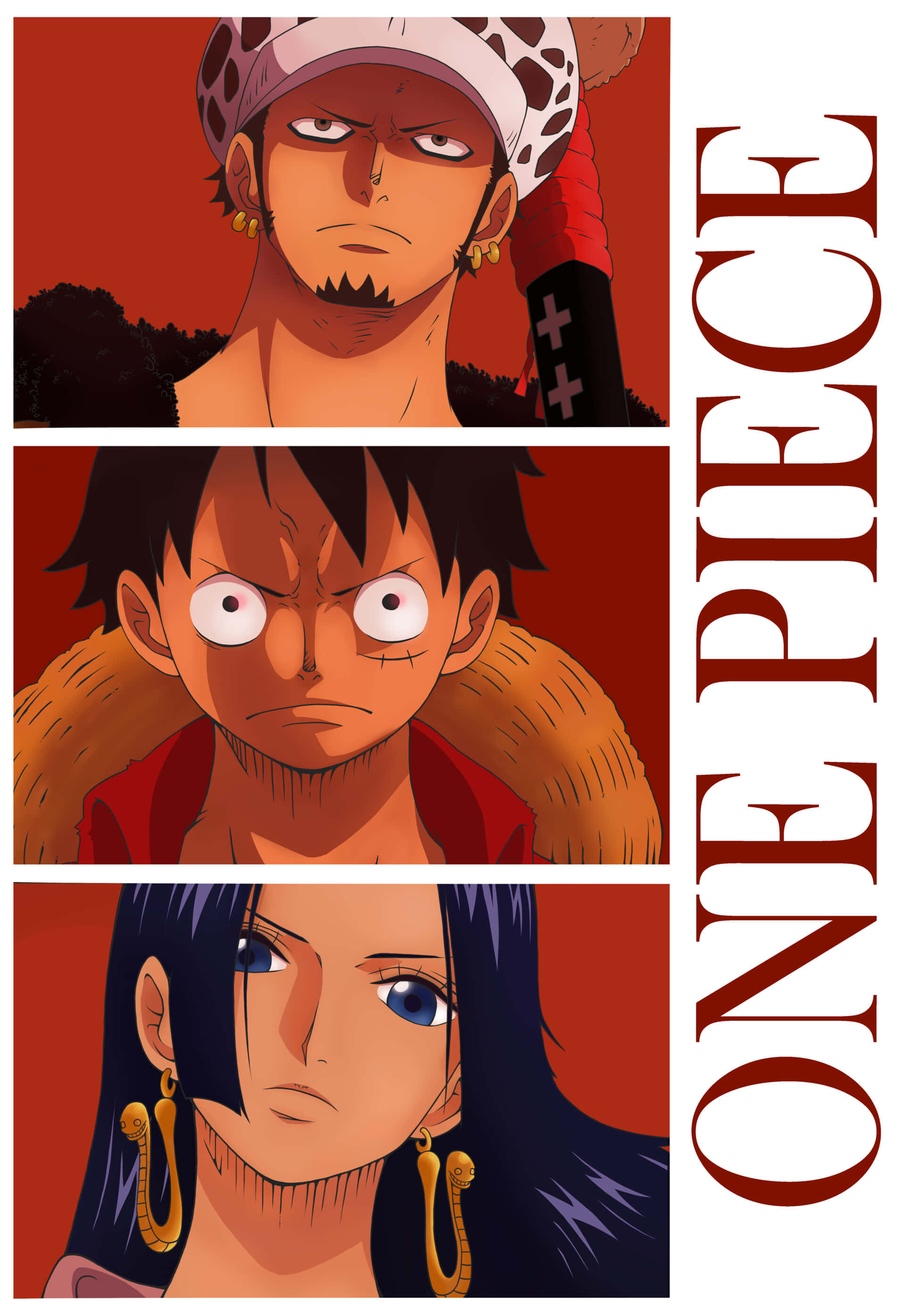 One Piece Characters 桌布 壁紙 — 三個來自《One Piece》的堅定動漫角色，在火紅背景前凝視著。