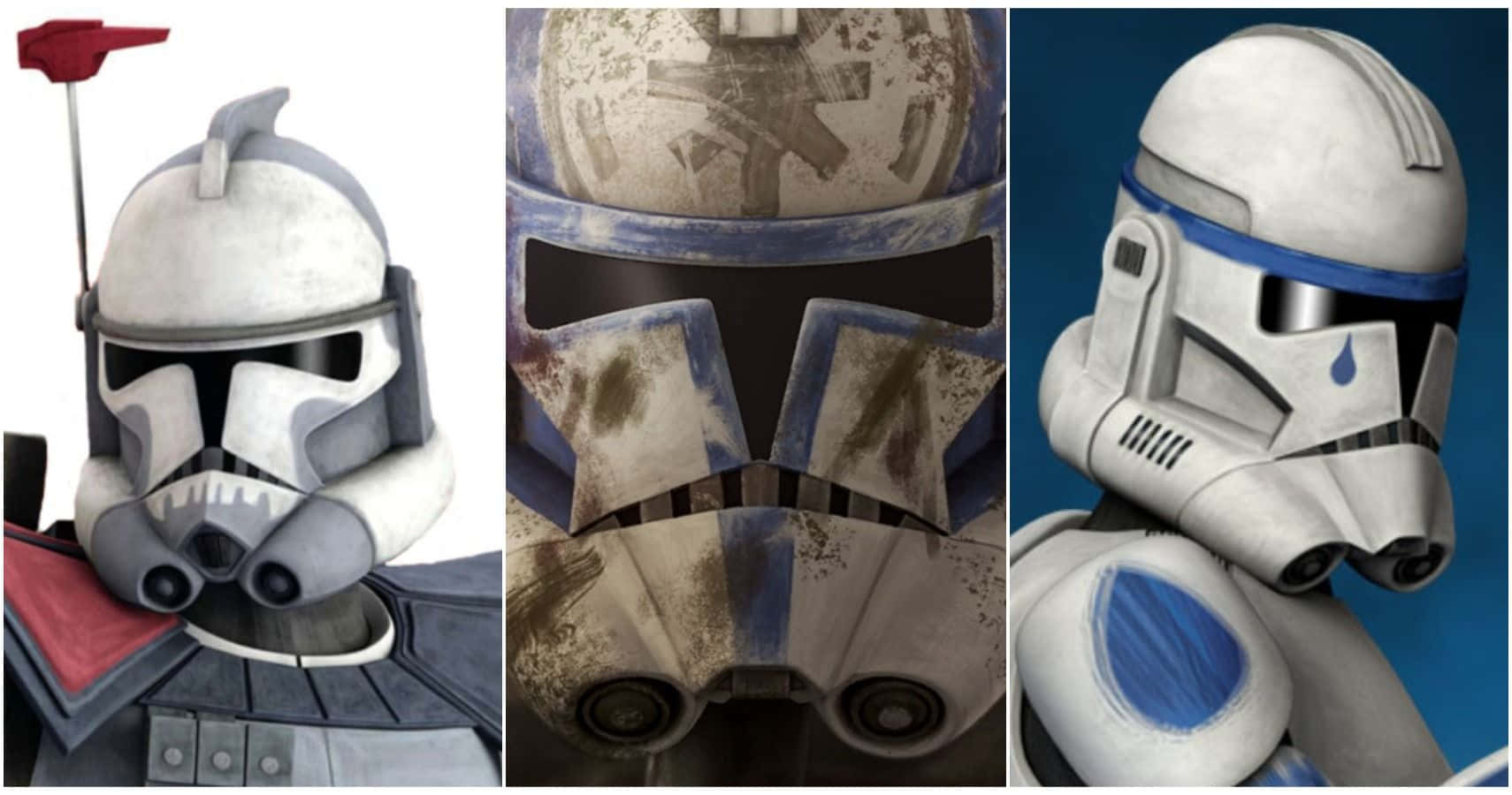 The Clone Army 桌布 壁紙 — 三個來自《星球大戰》的風化複製人頭盔，每個都有獨特的藍色標記和戰鬥損傷。