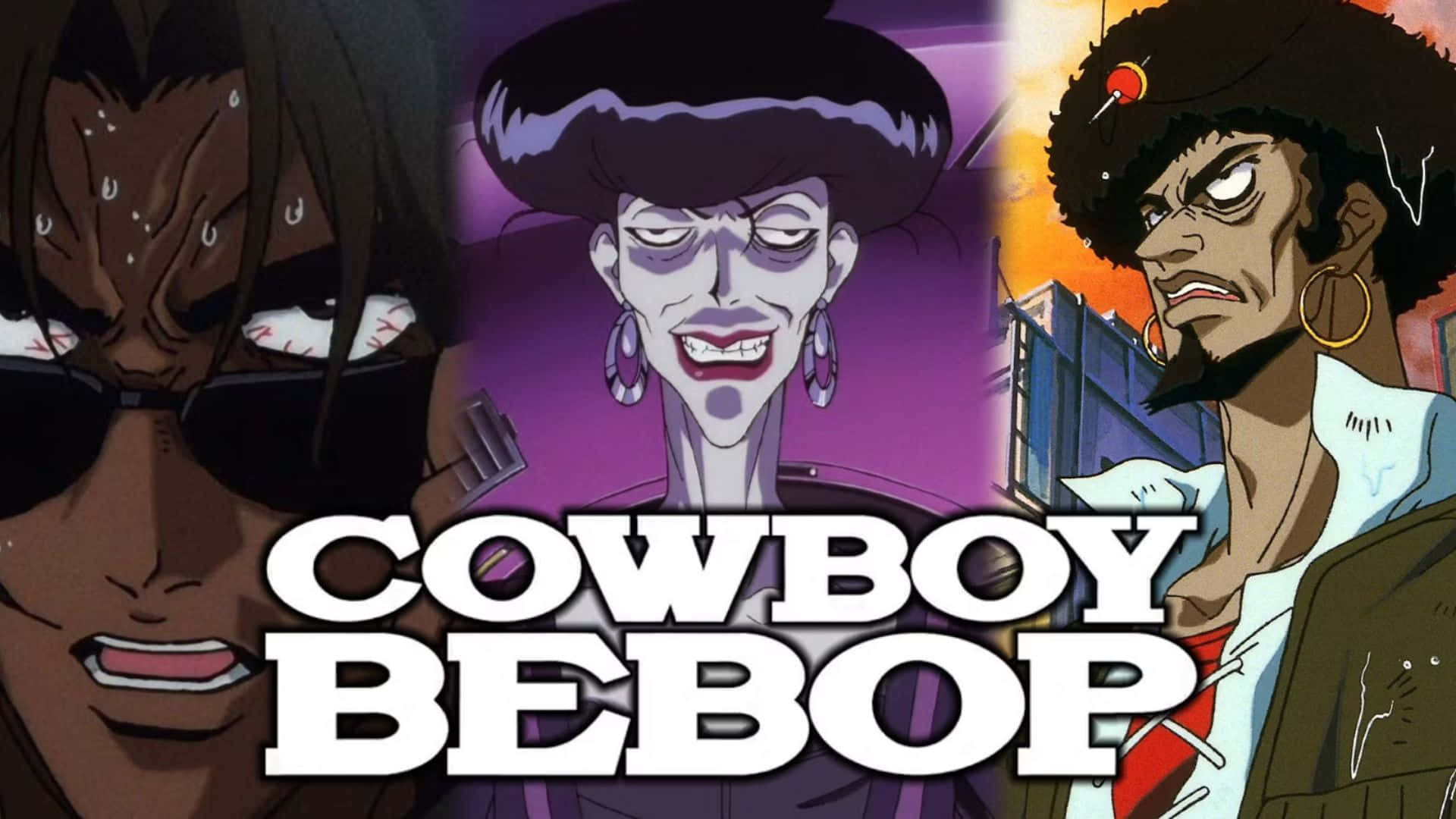 Cowboy Bebop Abdul Hakim 桌布 壁紙 — 三個來自《星際牛仔》的強烈動漫角色，在充滿活力的紫色和橙色背景下向前凝視。